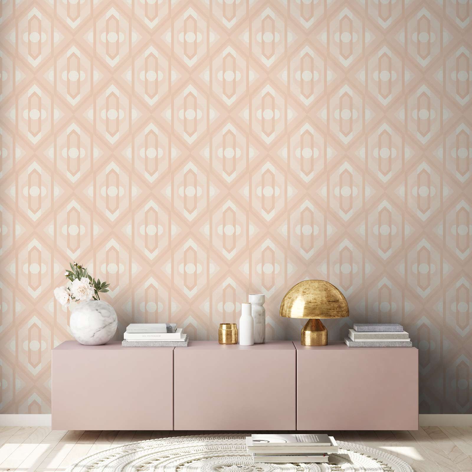             Retro Tapete mit geometrischen Ornamenten in sanften Farben – Beige, Creme, Weiß
        