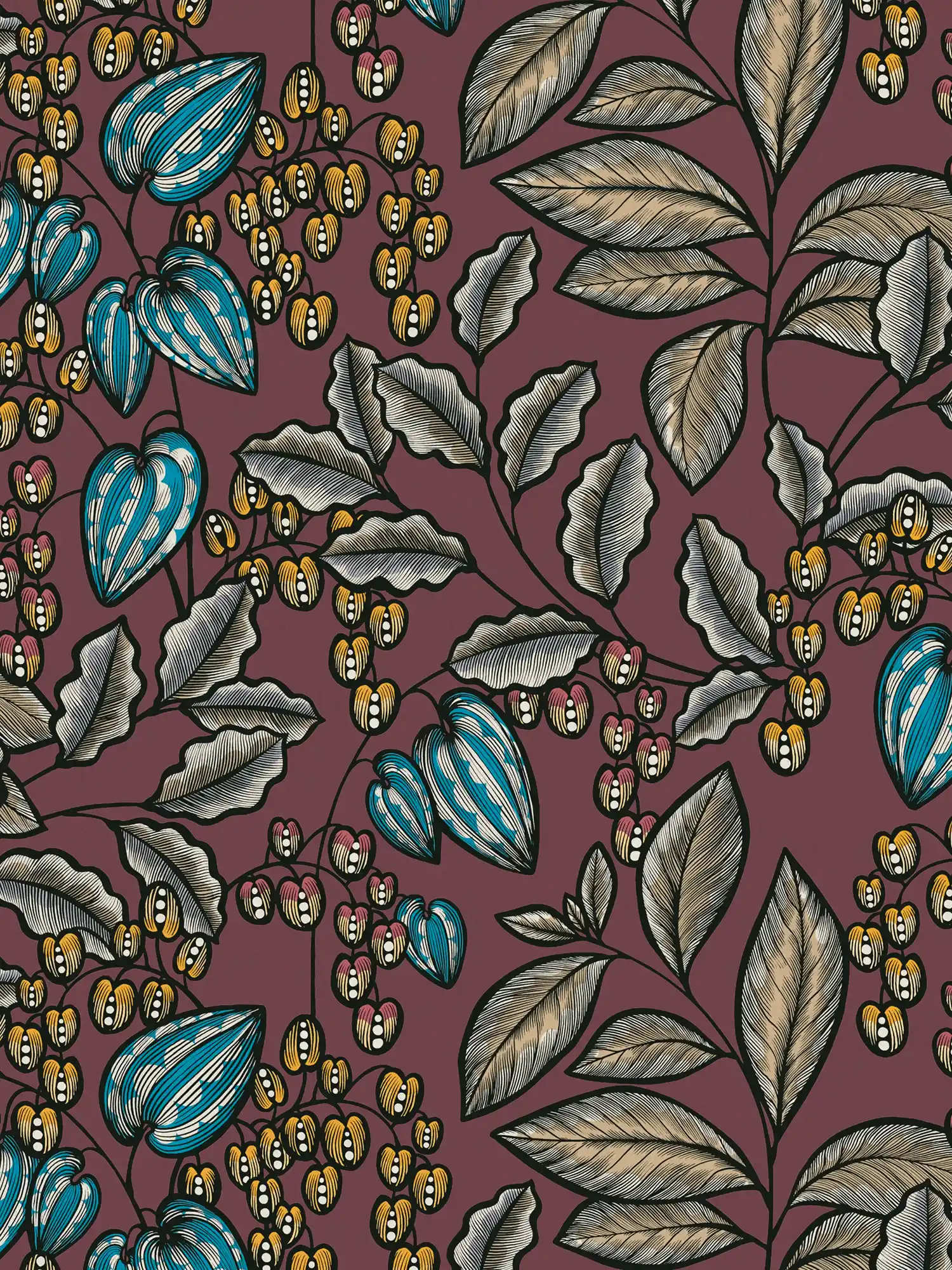             Florale Tapete Lila mit Blätter Print im Scandinavian Stil
        
