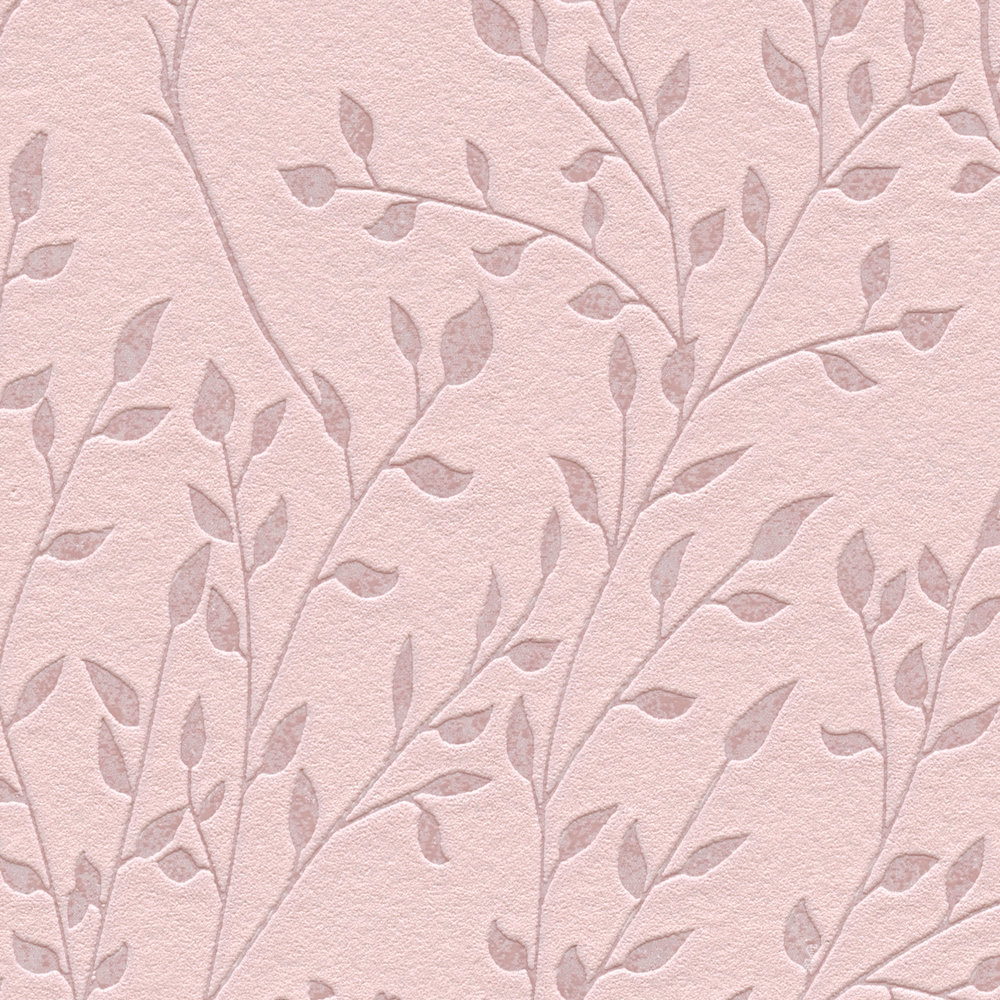             Einfarbige Tapete Rosa mit Blätter Muster, Glanz & Struktureffekt
        