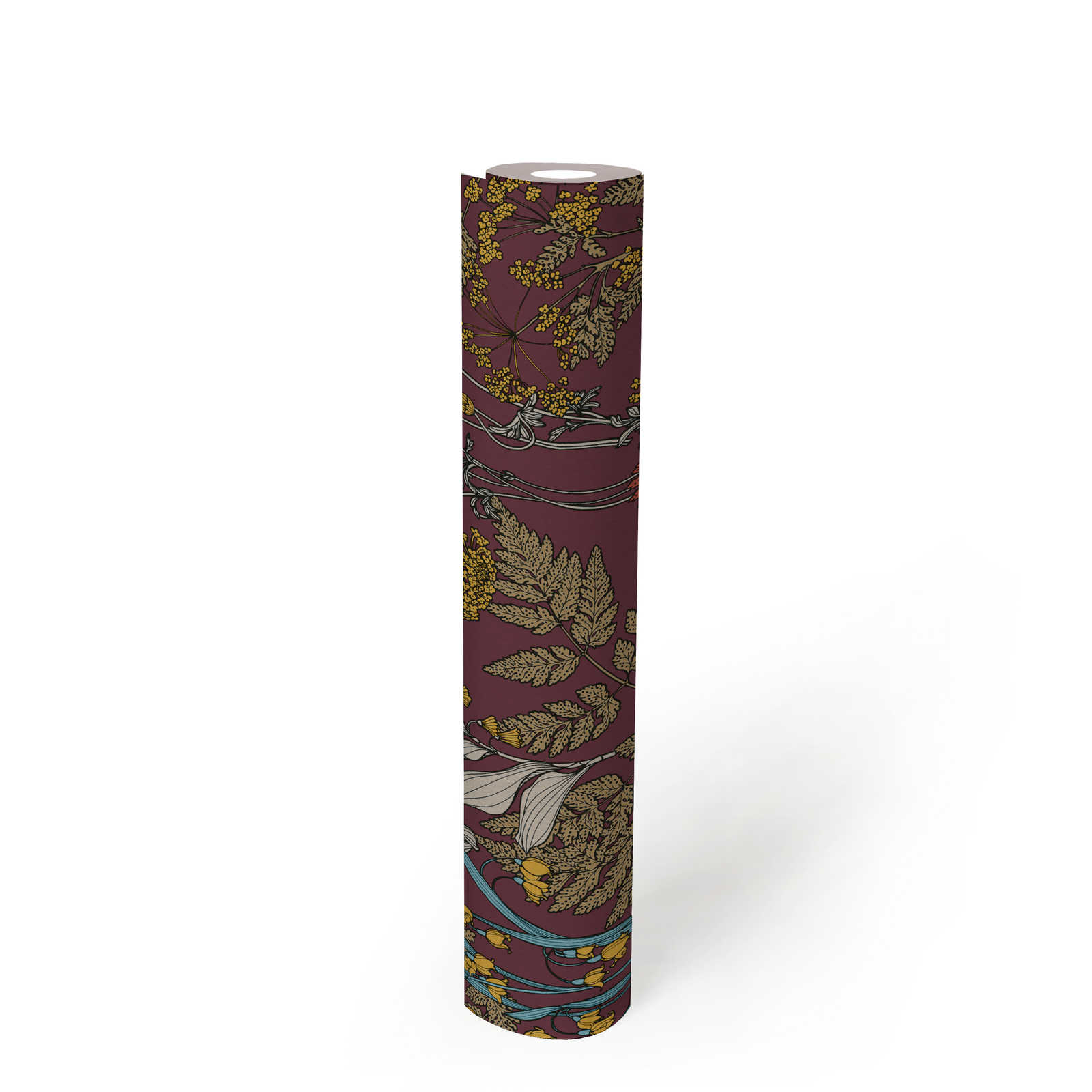             Lila Tapete mit buntem Blätter & Blumen Design – Rot, Gelb, Blau
        