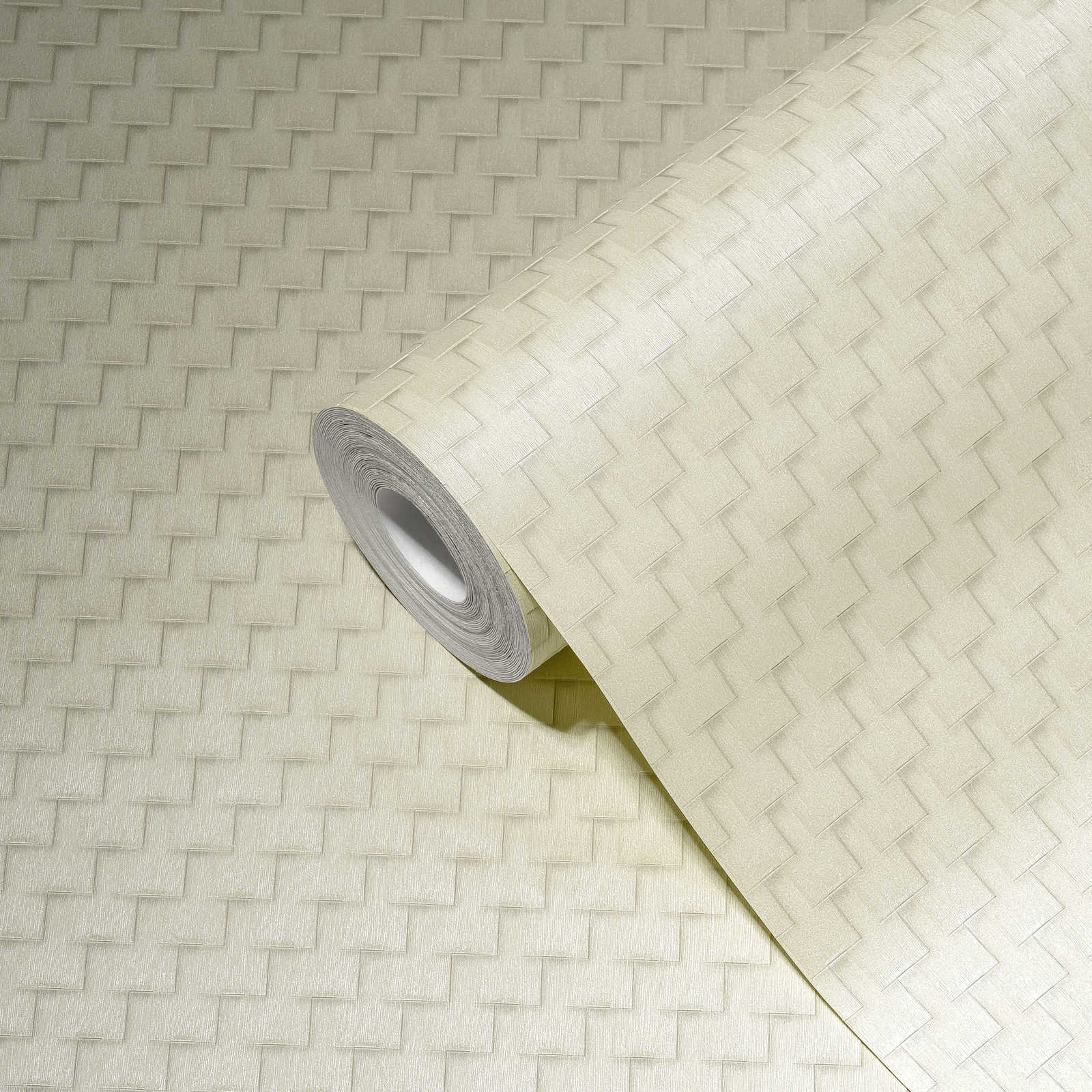             Gemusterte Tapete mit Facetten-Design und 3D-Effekt – Weiß, Grau, Silber
        