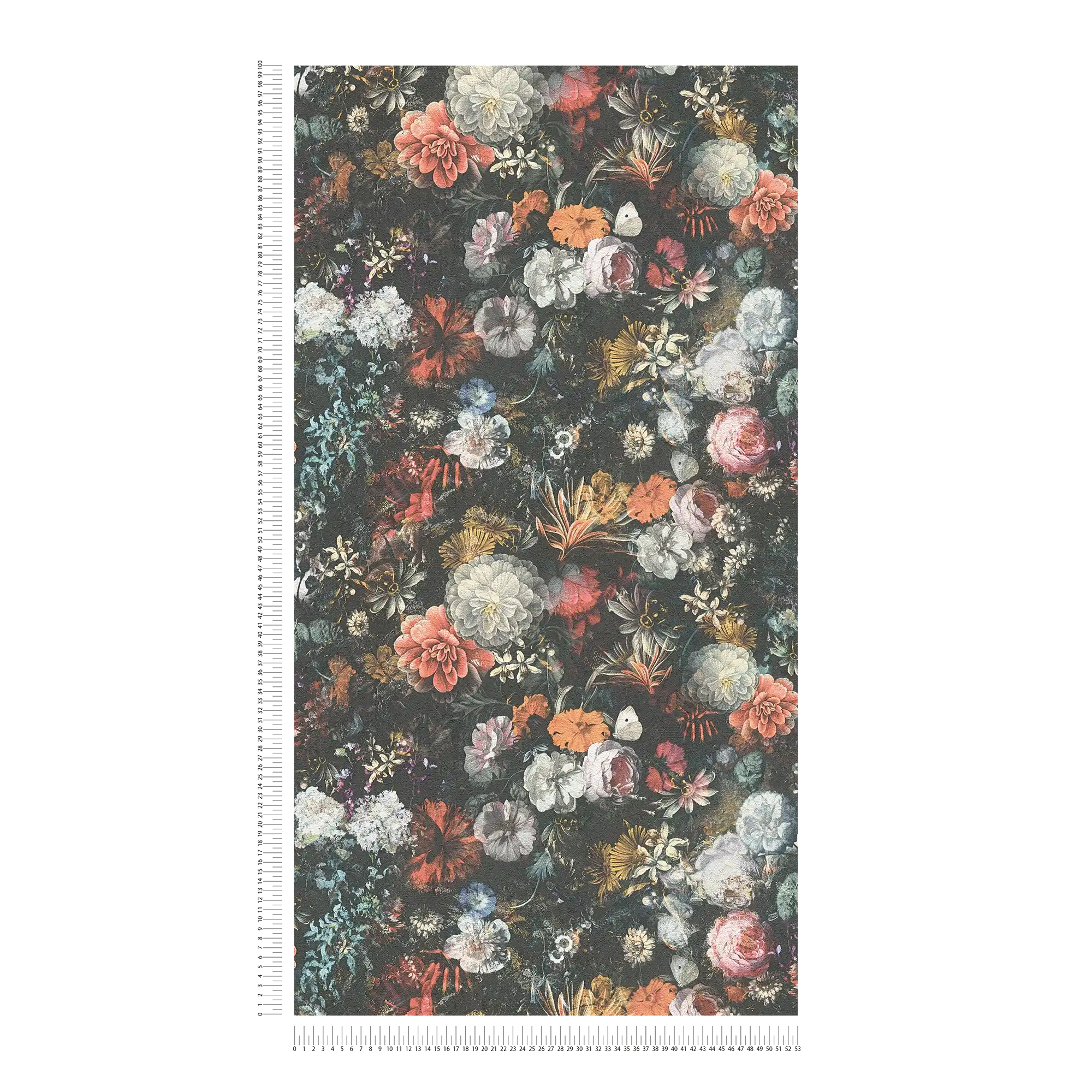             Blumen Tapete Vintage Design mit Rosen – Bunt, Grau, Orange
        