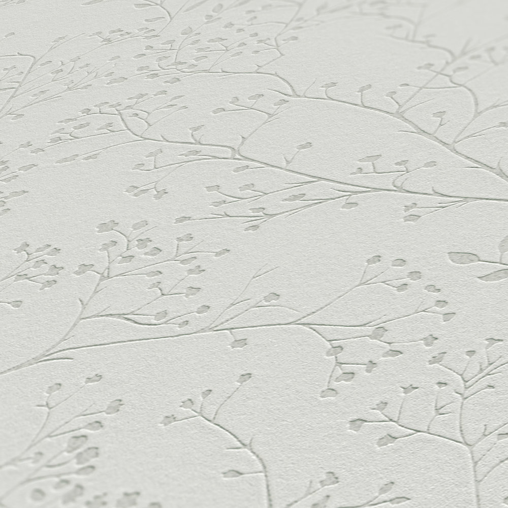             Einfarbige Tapete Grau mit Blätter Muster, Glanz & Struktureffekt
        