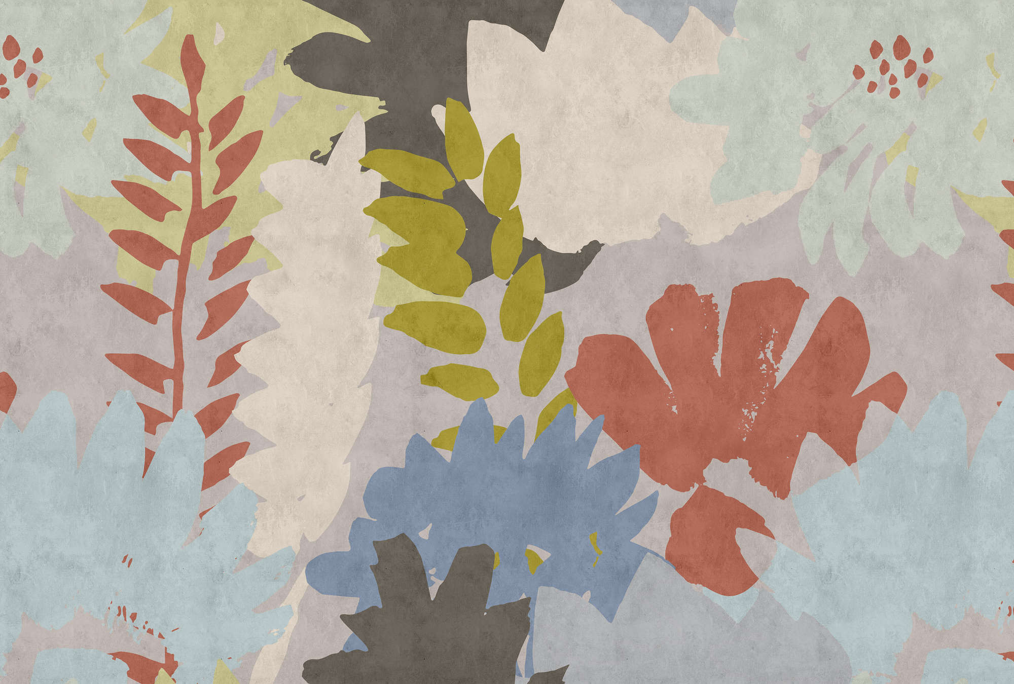             Floral Collage 3 - Abstrakte Fototapete in Löschpapier Struktur mit Blätter-Motiv – Blau, Creme | Perlmutt Glattvlies
        
