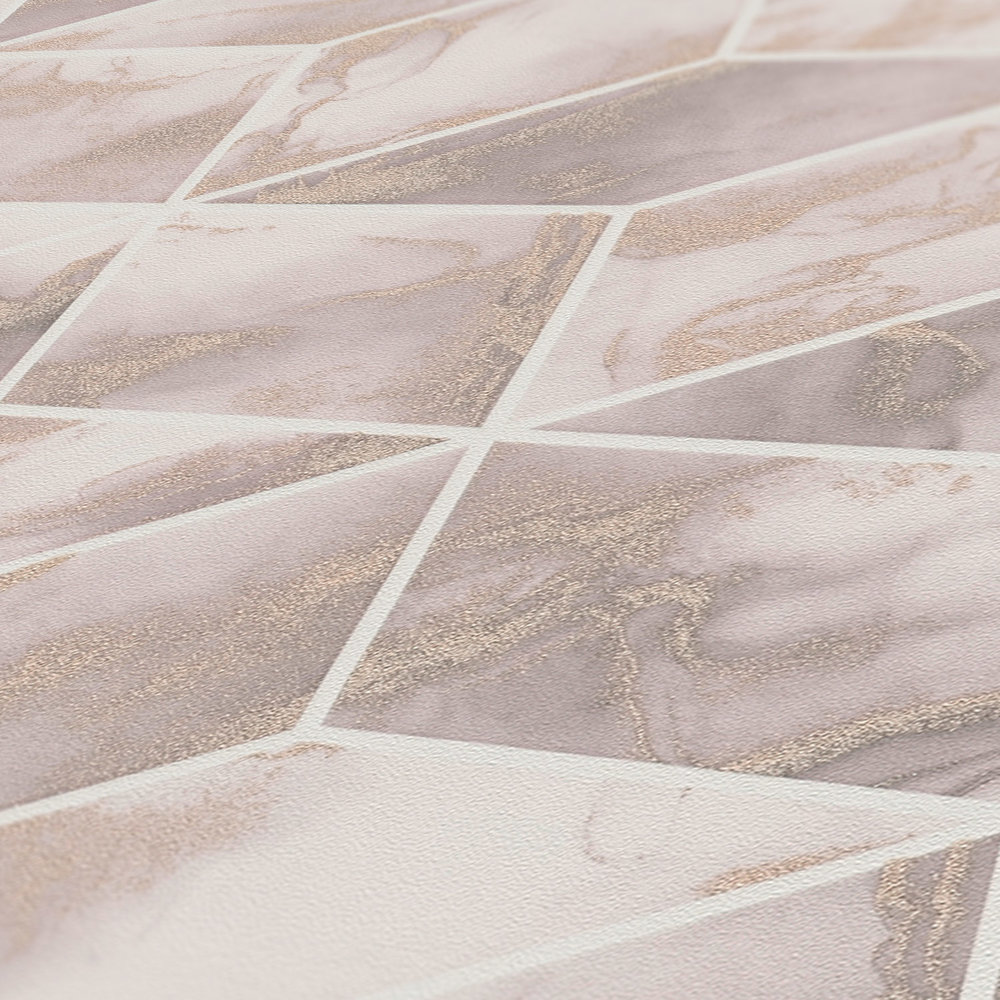             Fliesen Tapete mit Marmor & Metallic-Effekt – Metallic, Rosa, Weiß
        
