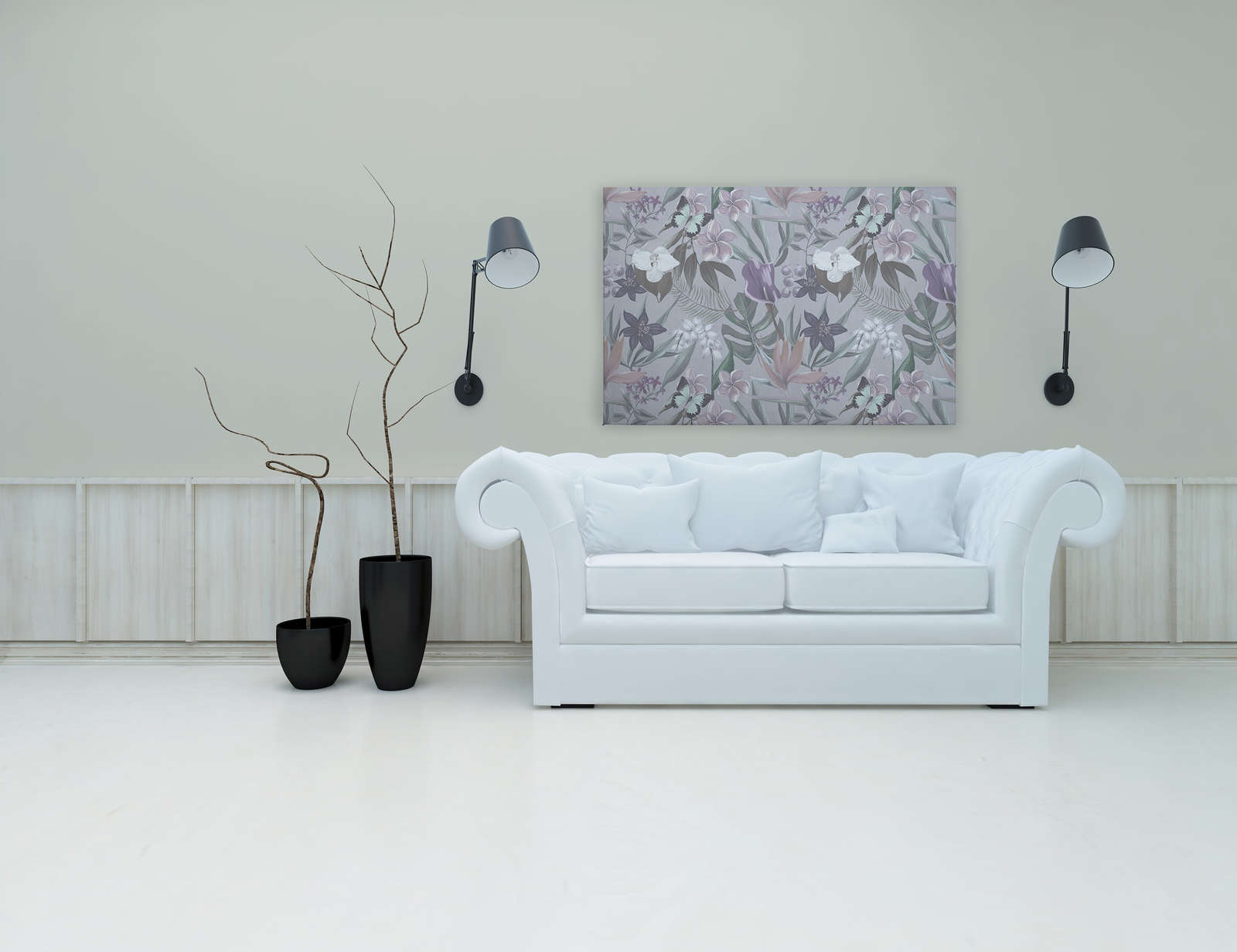             Florales Dschungel Leinwandbild gezeichnet | rosa, weiß – 1,20 m x 0,80 m
        