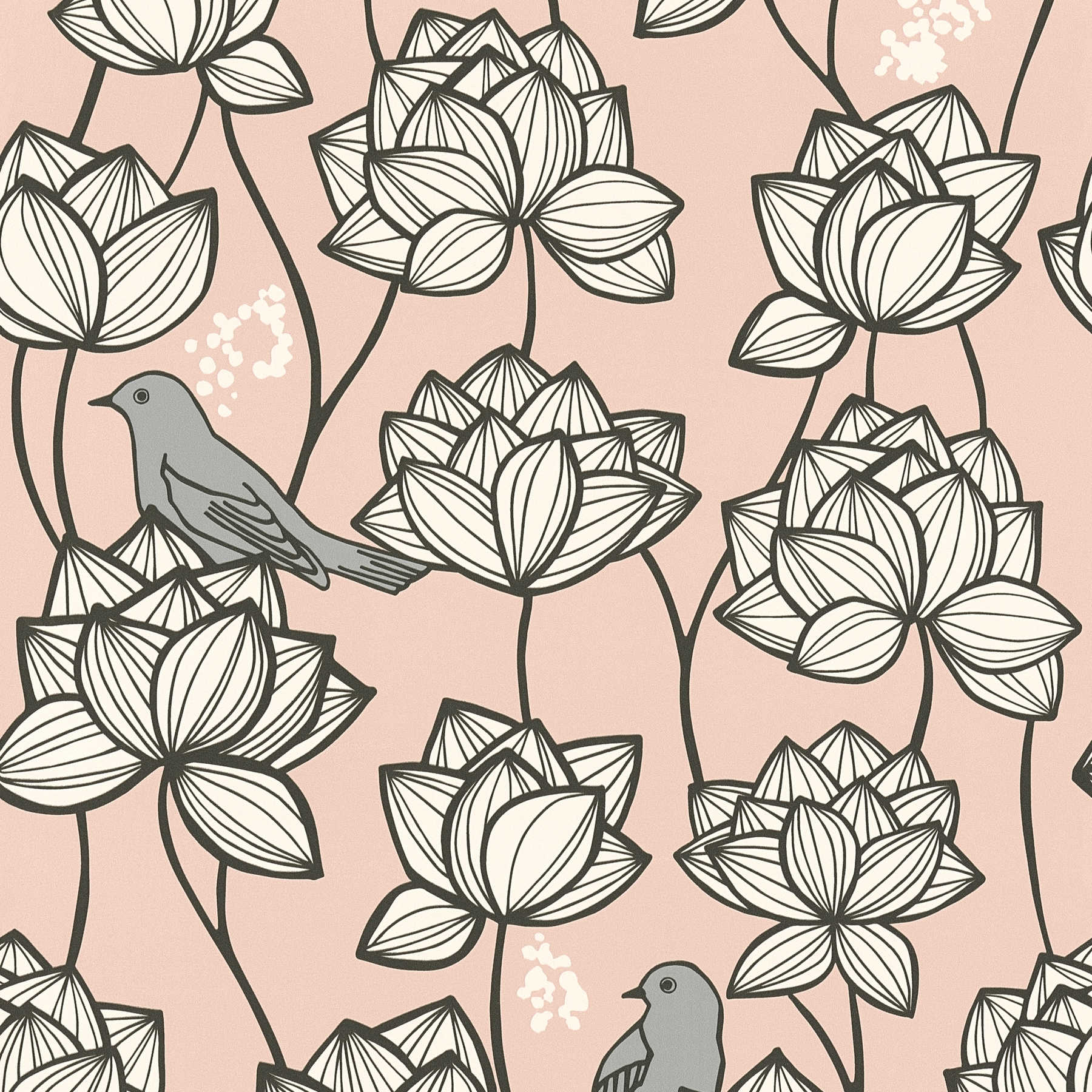 Vliestapete Blumen Ranken mit Vögeln im Line Art Stil – Grau, Rosa
