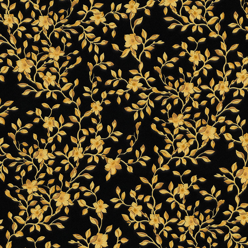             Schwarze VERSACE Tapete mit Gold Blätter & Blumenranken
        