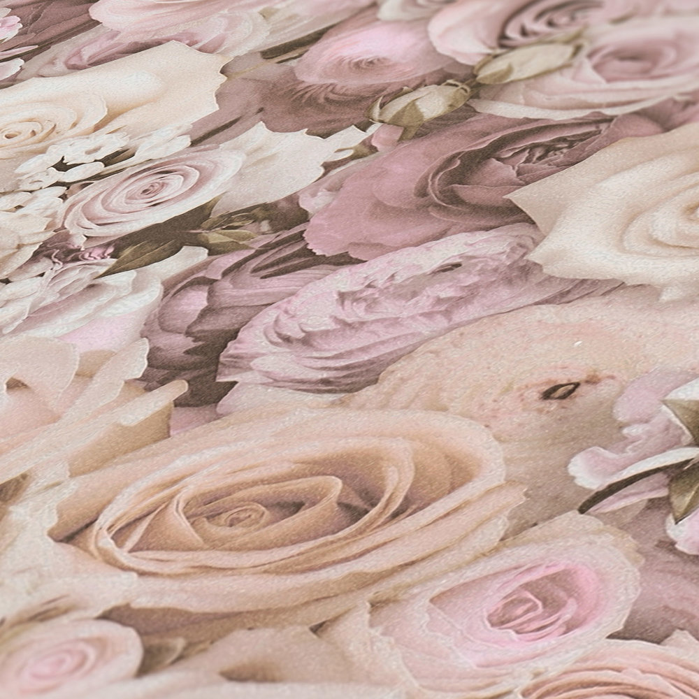             Selbstklebende Tapete | Blumenmuster mit Rosen – Rosa, Creme
        