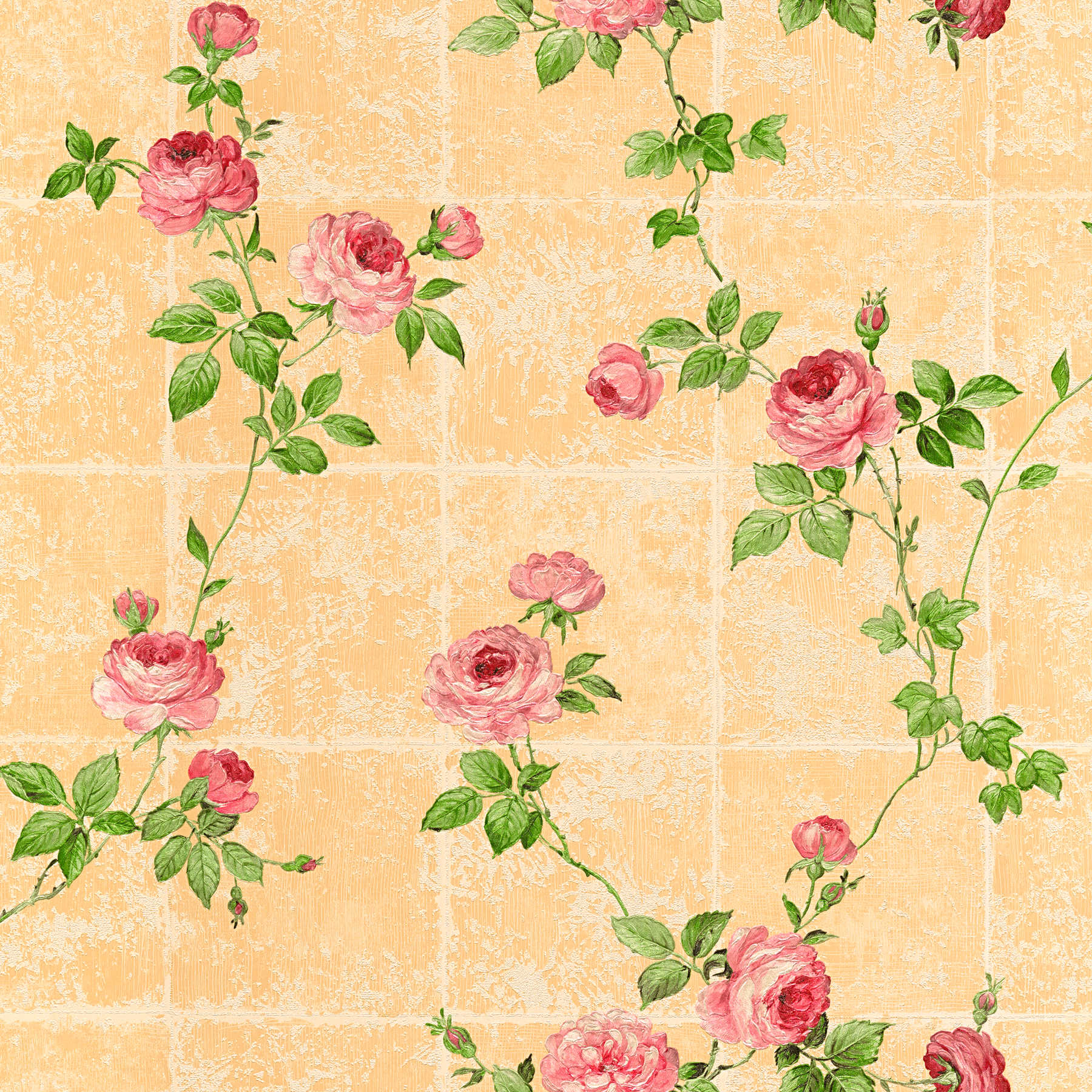 Fliesenoptik Tapete rustikal mit Rosen – Bunt
