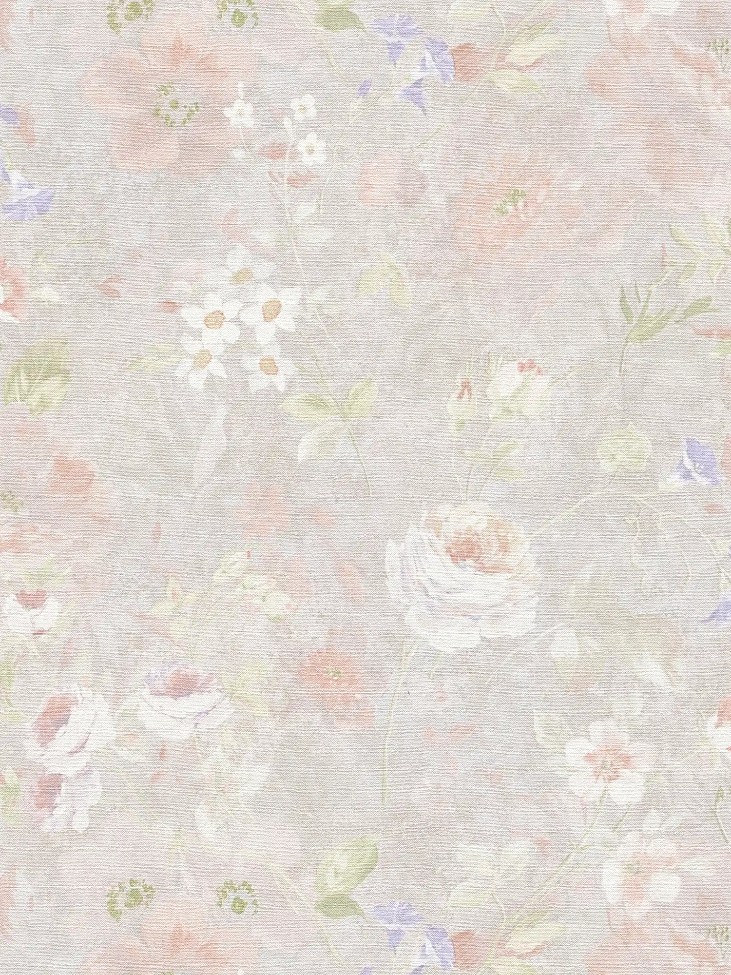 Blumentapete gemaltes Muster PVC-frei – Grau, Bunt, Rosa
