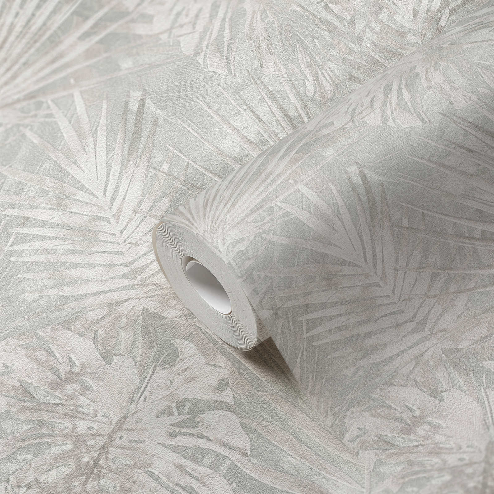             Vliestapete mit Blättermotiv PVC-frei – Grau, Beige, Weiß
        