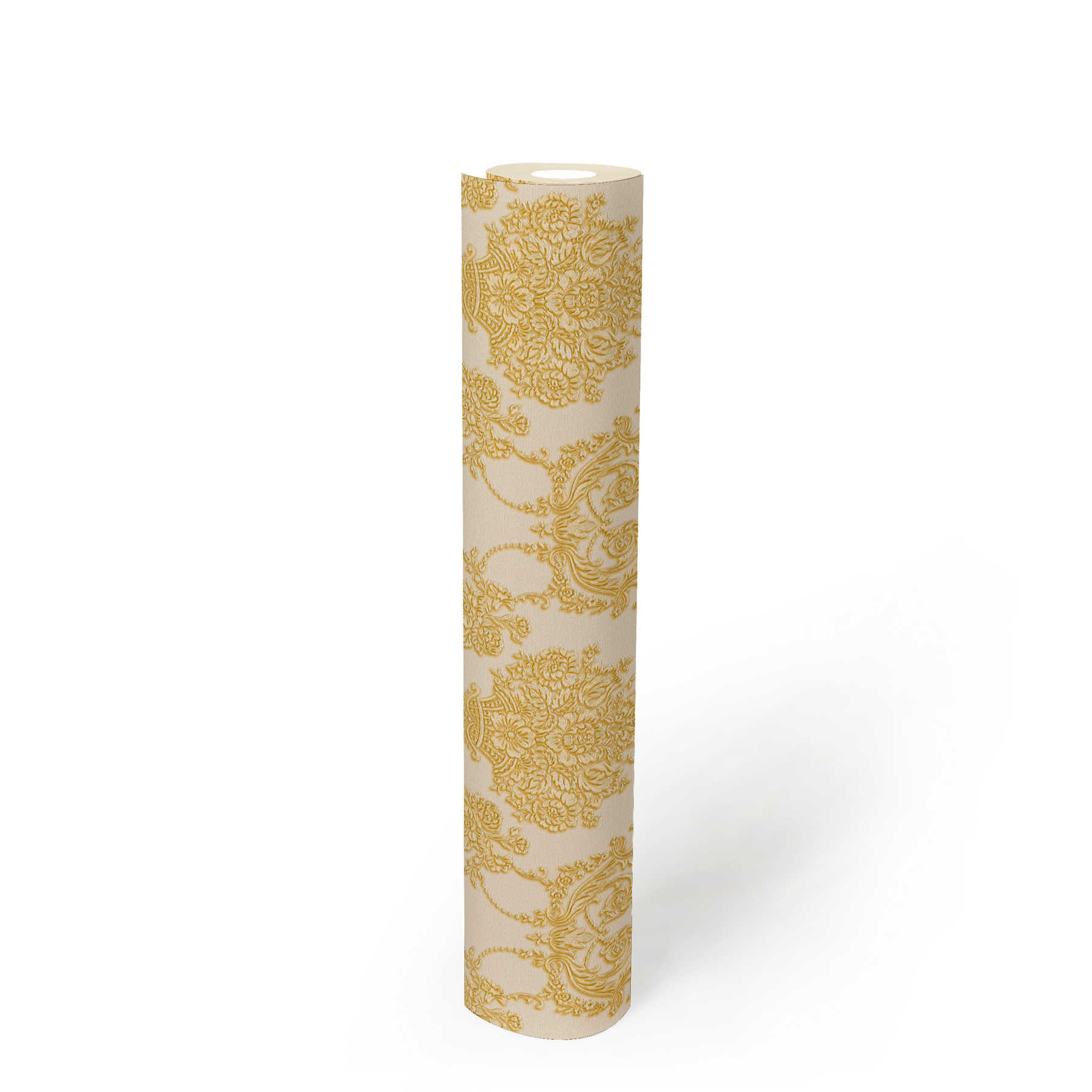             Goldene Barock-Tapete mit floralem Muster – Creme, Metallic
        