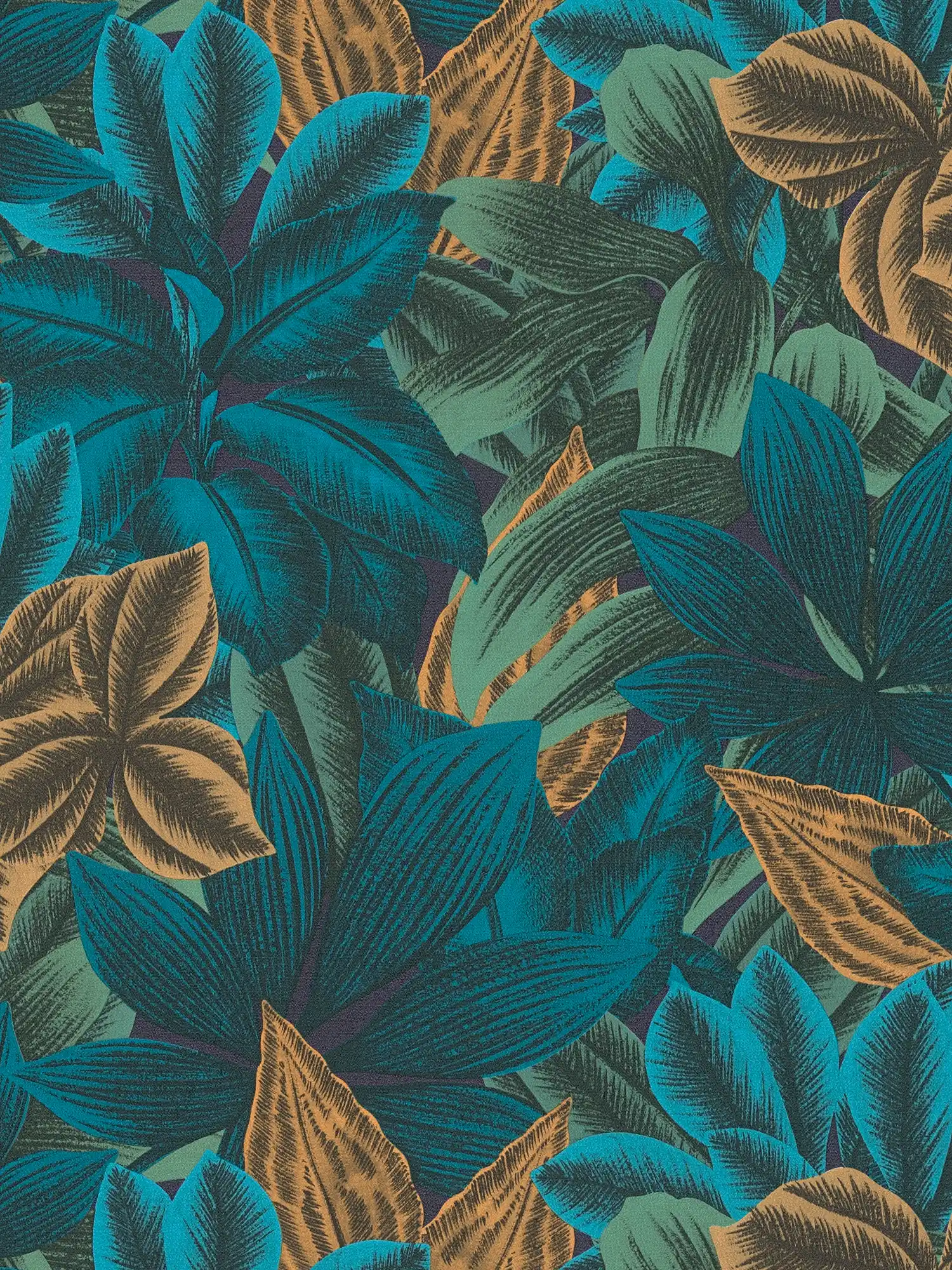 Florale Vliestapete mit Dschungelblattmotiv – Blau, Orange, Lila
