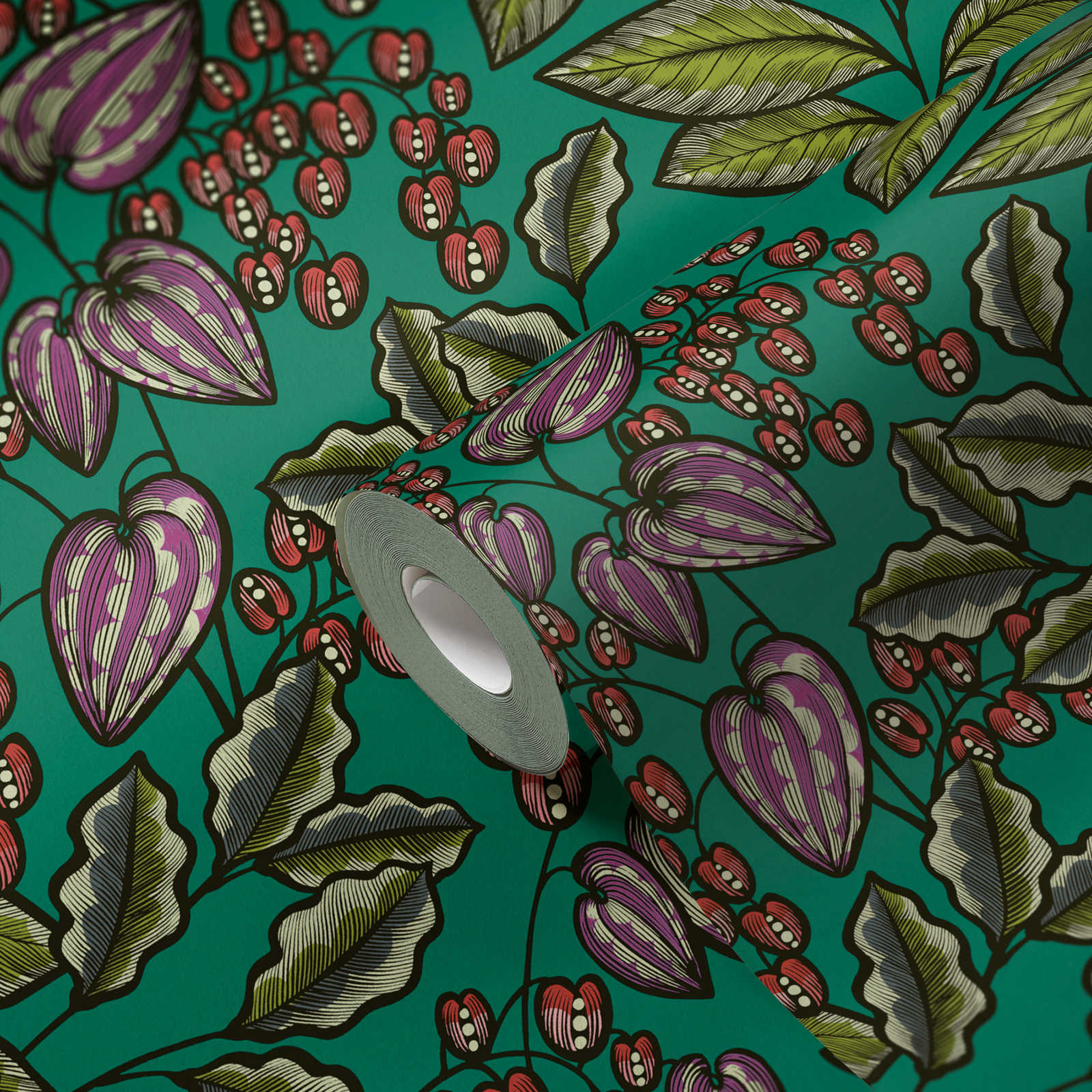             Tapete Grün mit Blätter Motiv im Scandi Design – Grün, Rot, Lila
        