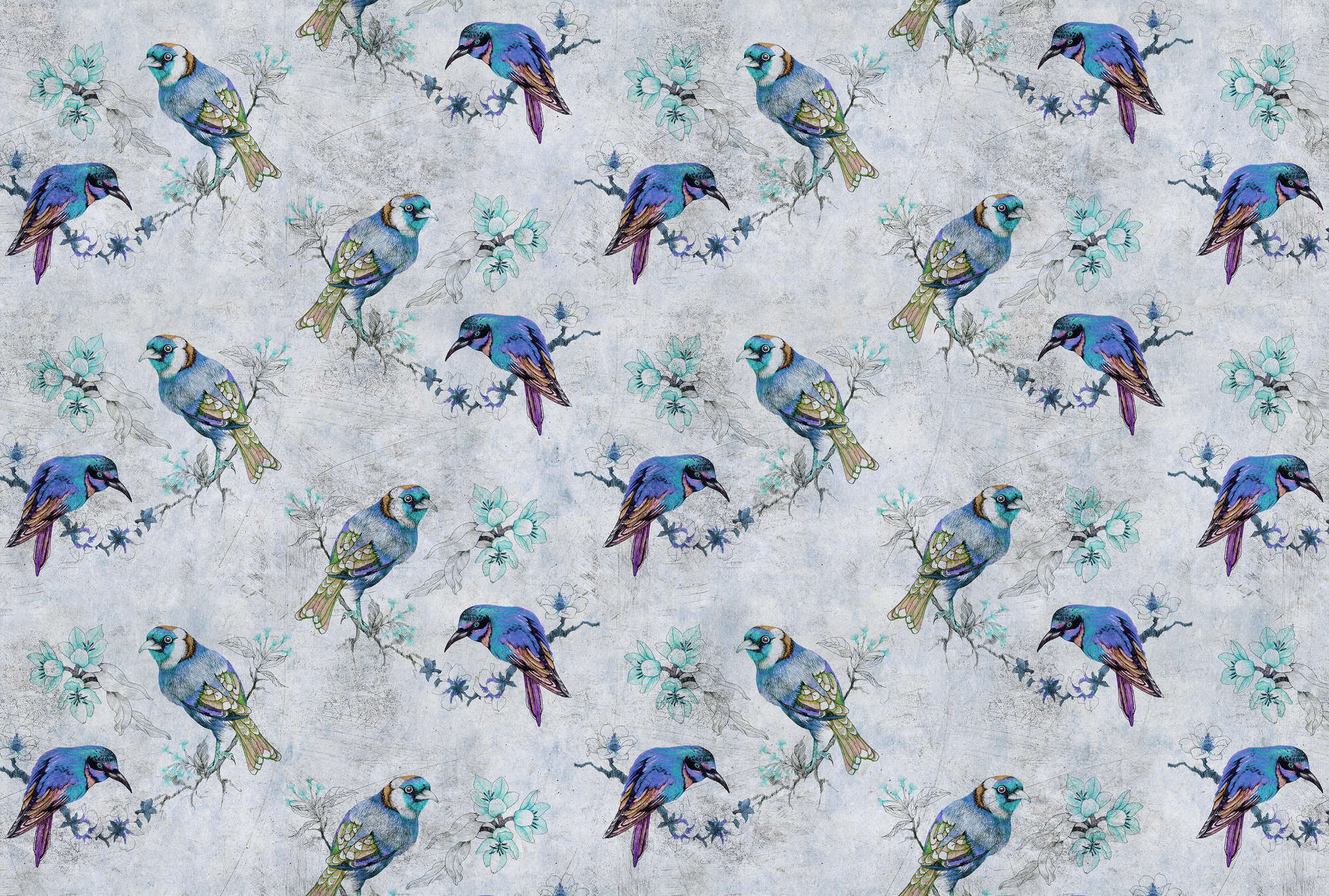             Love birds 1 - Fototapete Vogel-Muster im Zeichenstil in kratzer Struktur – Blau, Grau | Mattes Glattvlies
        