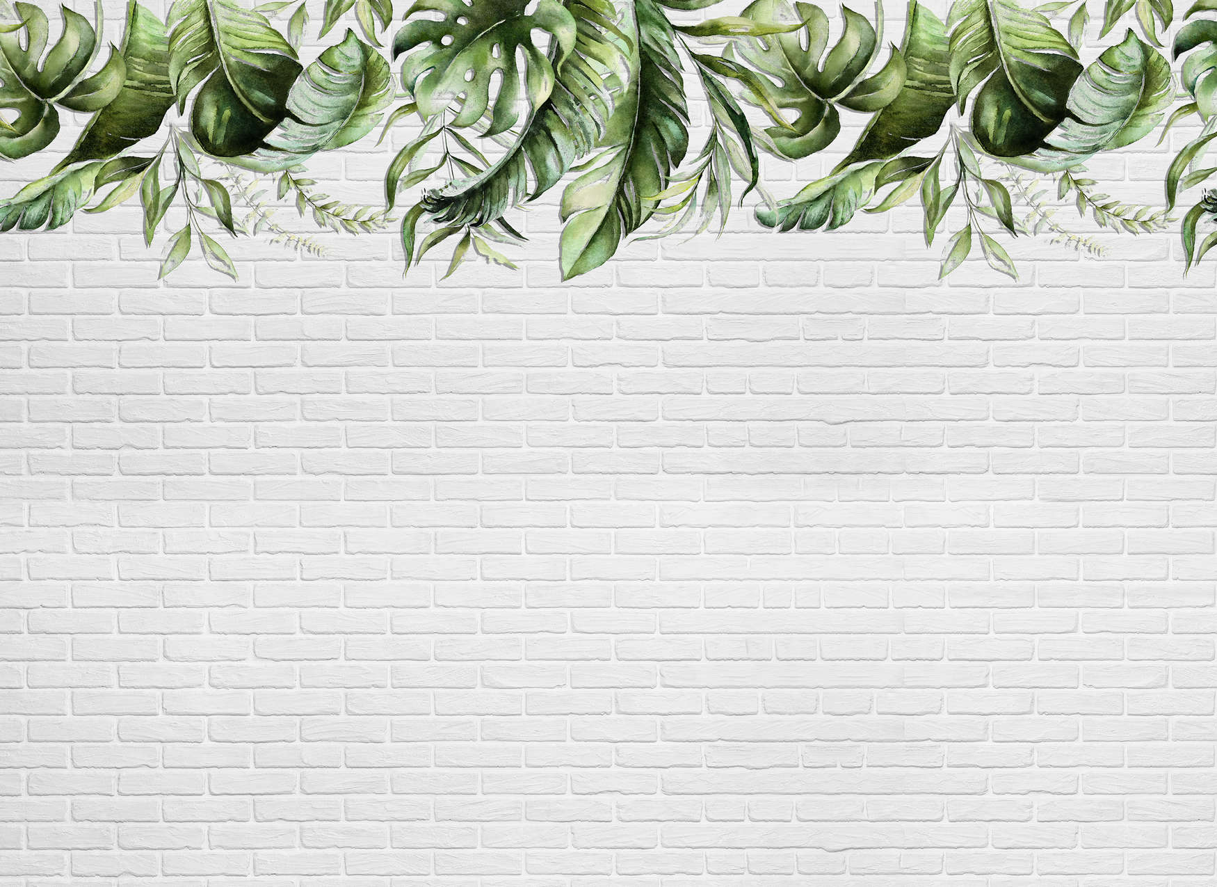             Fototapete mit kleinen Blätterranken auf einer Steinwand – Grün, Weiß
        