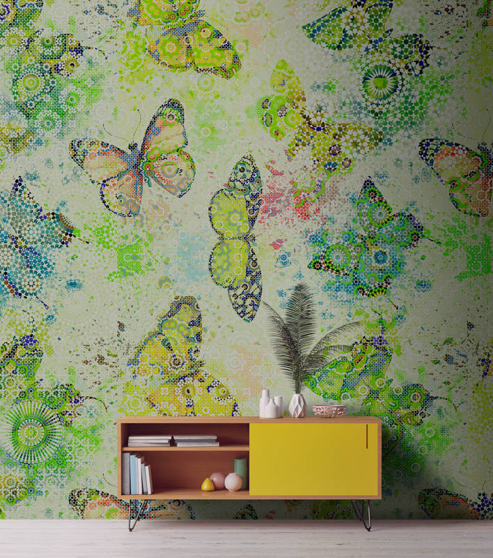             Fototapete Schmetterlinge im Mosaik Stil – Grün, Creme
        