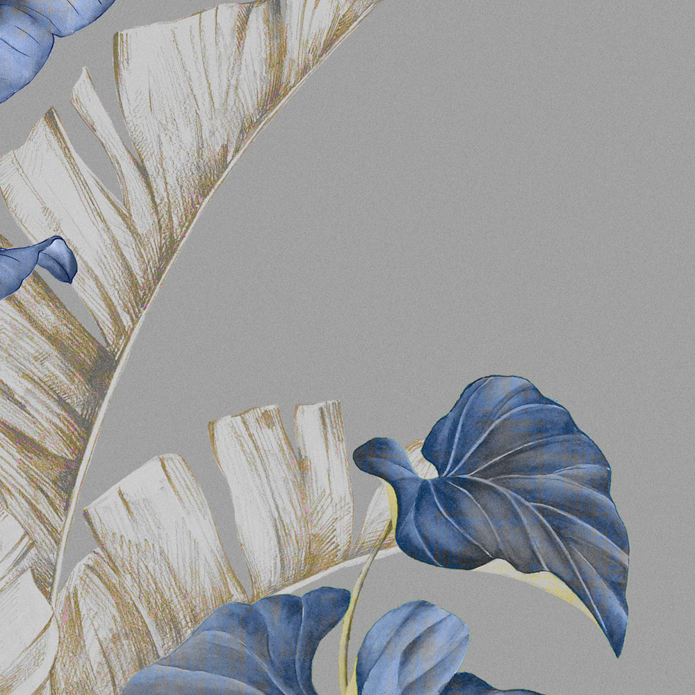             Brasilia 2 – Graue Fototapete Blätterdesign in Salbeigrün & Königsblau
        