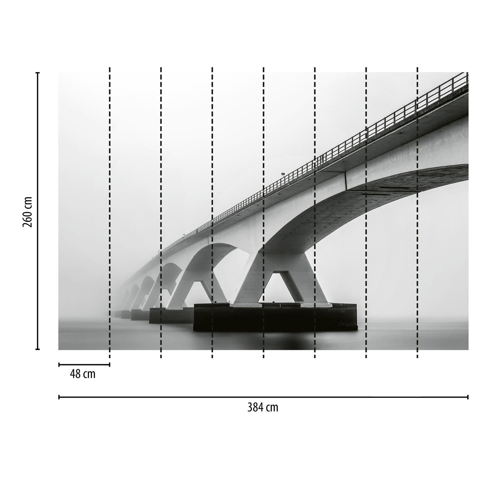            Fototapete Brücke im Nebel – Grau, Weiß, Schwarz
        