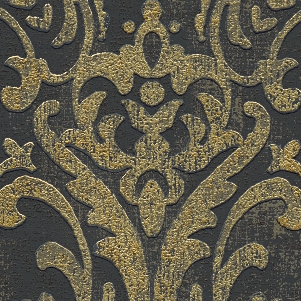             Vliestapete mit Barock-Ornamenten & metallic Used-Look – Schwarz, Gold
        