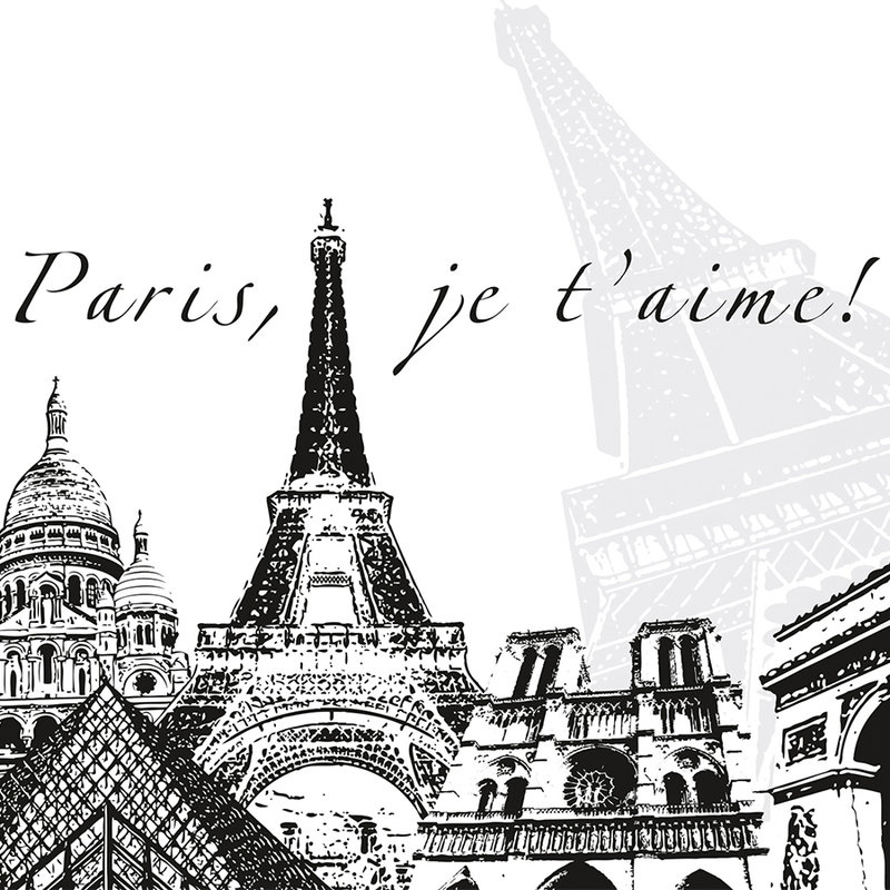 Fototapete Paris mit Wahrzeichen und Schriftzug – Perlmutt Glattvlies
