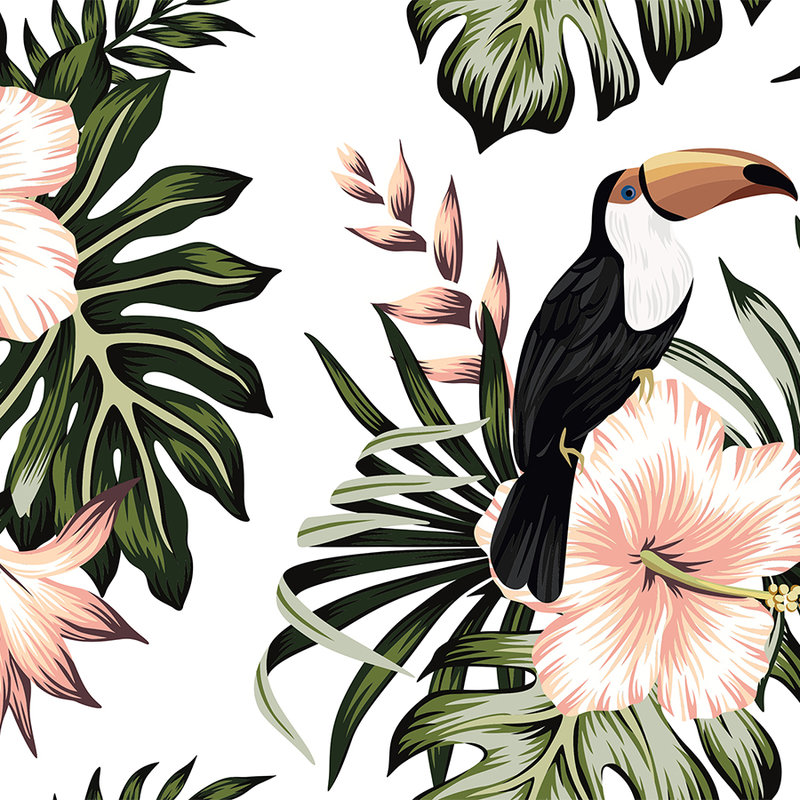        Dschungelpflanzen und Pelikan – Weiß, Rosa, Grün
    