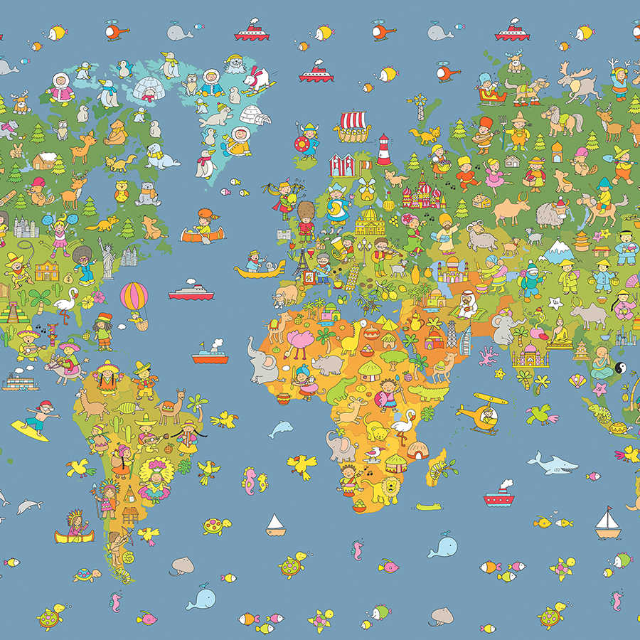 Kinder Fototapete Weltkarte mit Ländersymbolen auf Perlmutt Glattvlies
