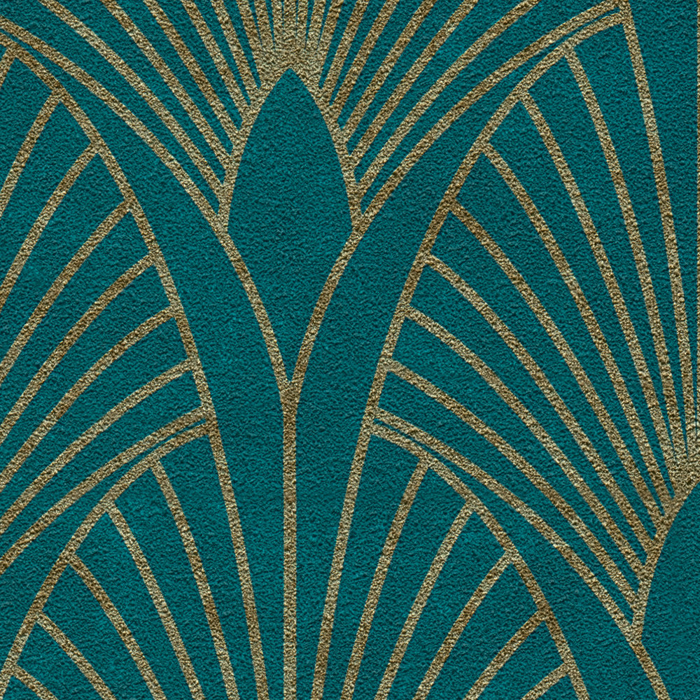             Art Déco Tapete goldenes Retro Muster – Blau, Gold, Grün
        