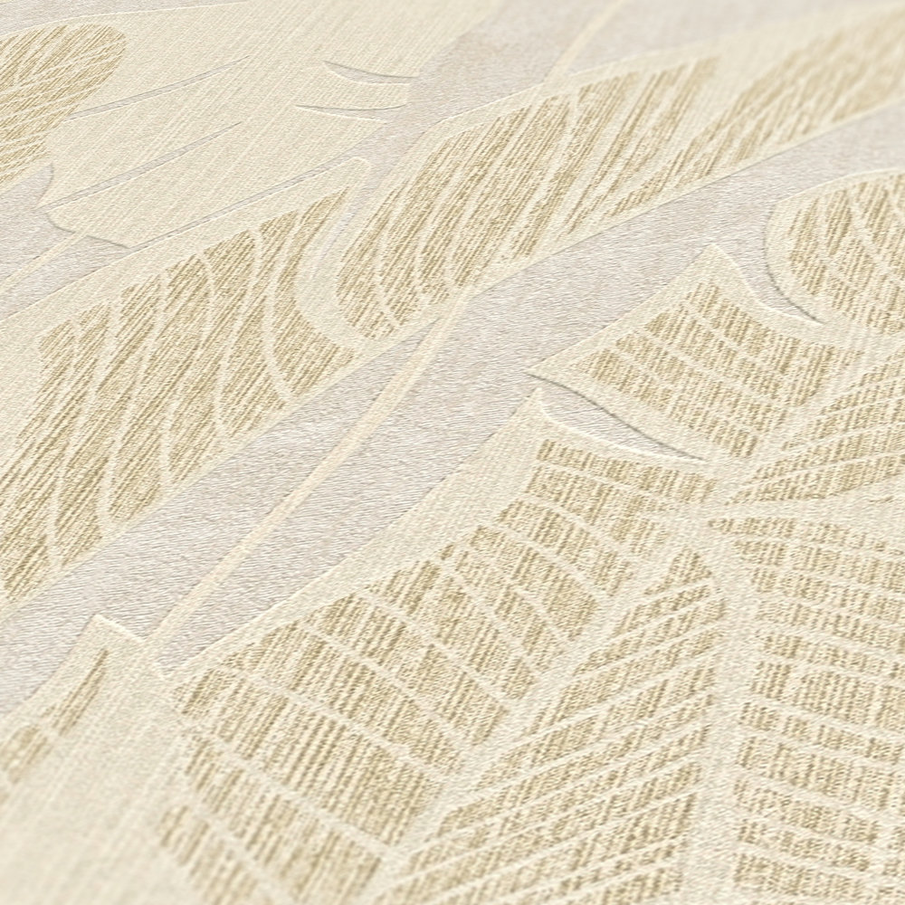             Tapete mit Dschungel Bemusterung in sanften Farben – Weiß, Beige, Gold
        