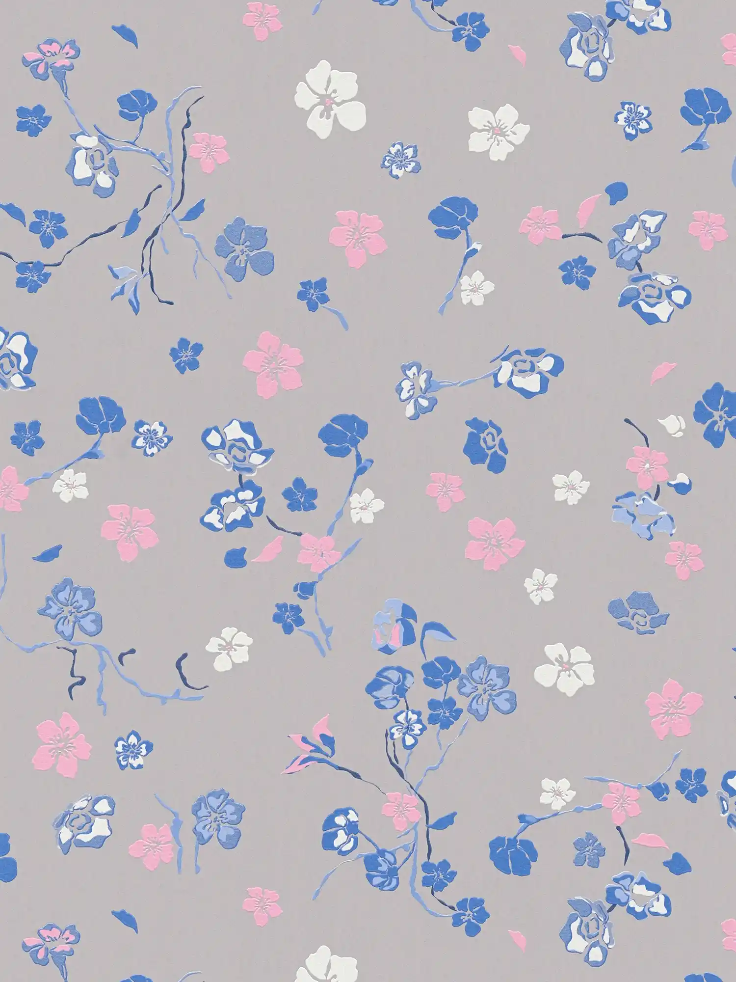Blumenmuster Tapete mit Glanzeffekt – Grau, Blau, Rosa
