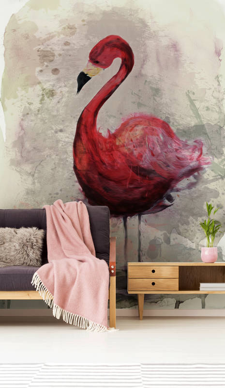             Aquarell Fototapete mit Flamingo Motiv im Zeichenstil
        