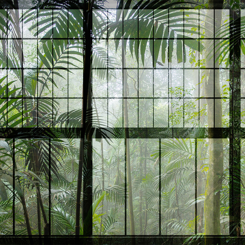         Rainforest 1 - Loftfenster Fototapete mit Dschungel Aussicht – Grün, Schwarz | Premium Glattvlies
    