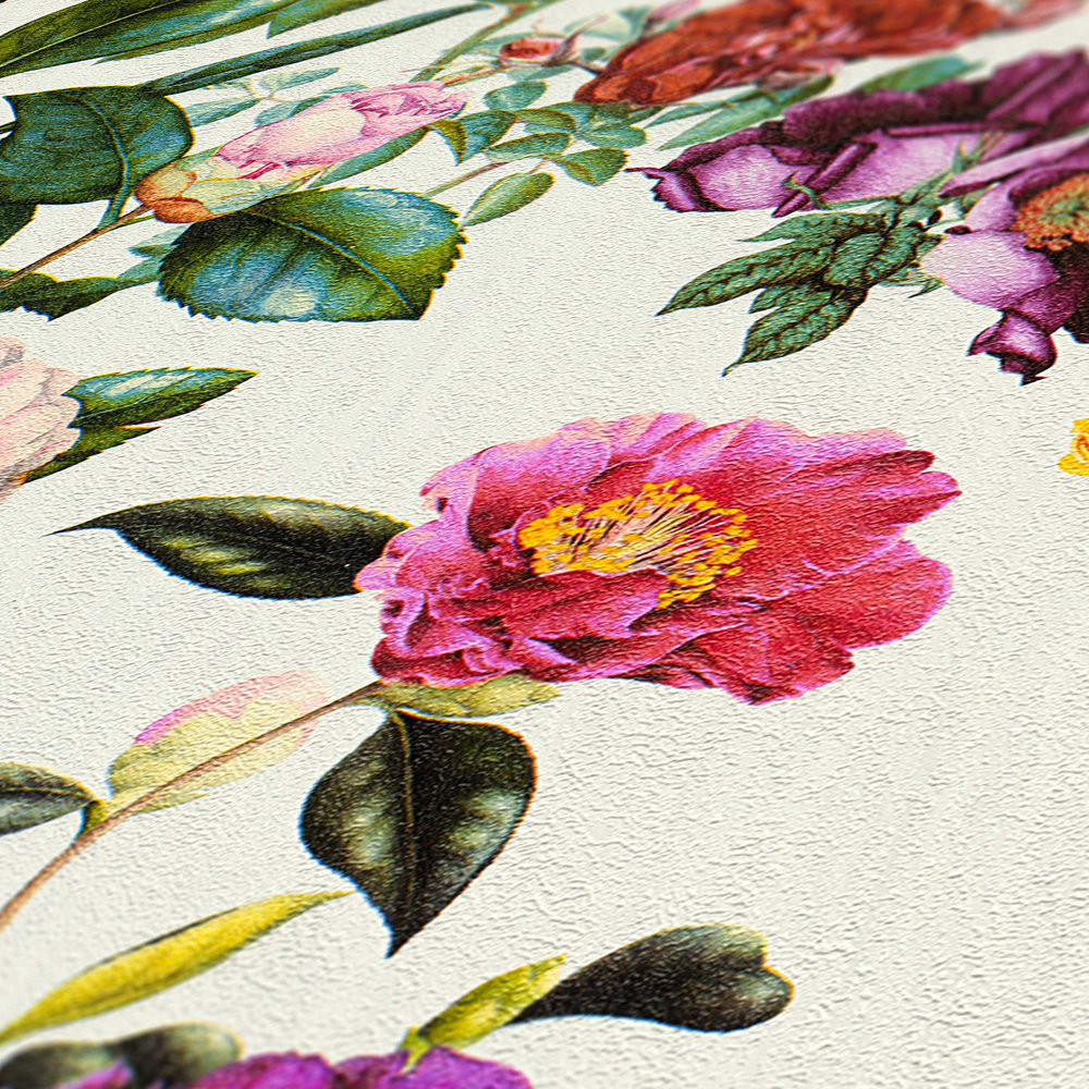             Blüten-Tapete mit Blumen in leuchtenden Farben – Bunt, Grün, Grau
        