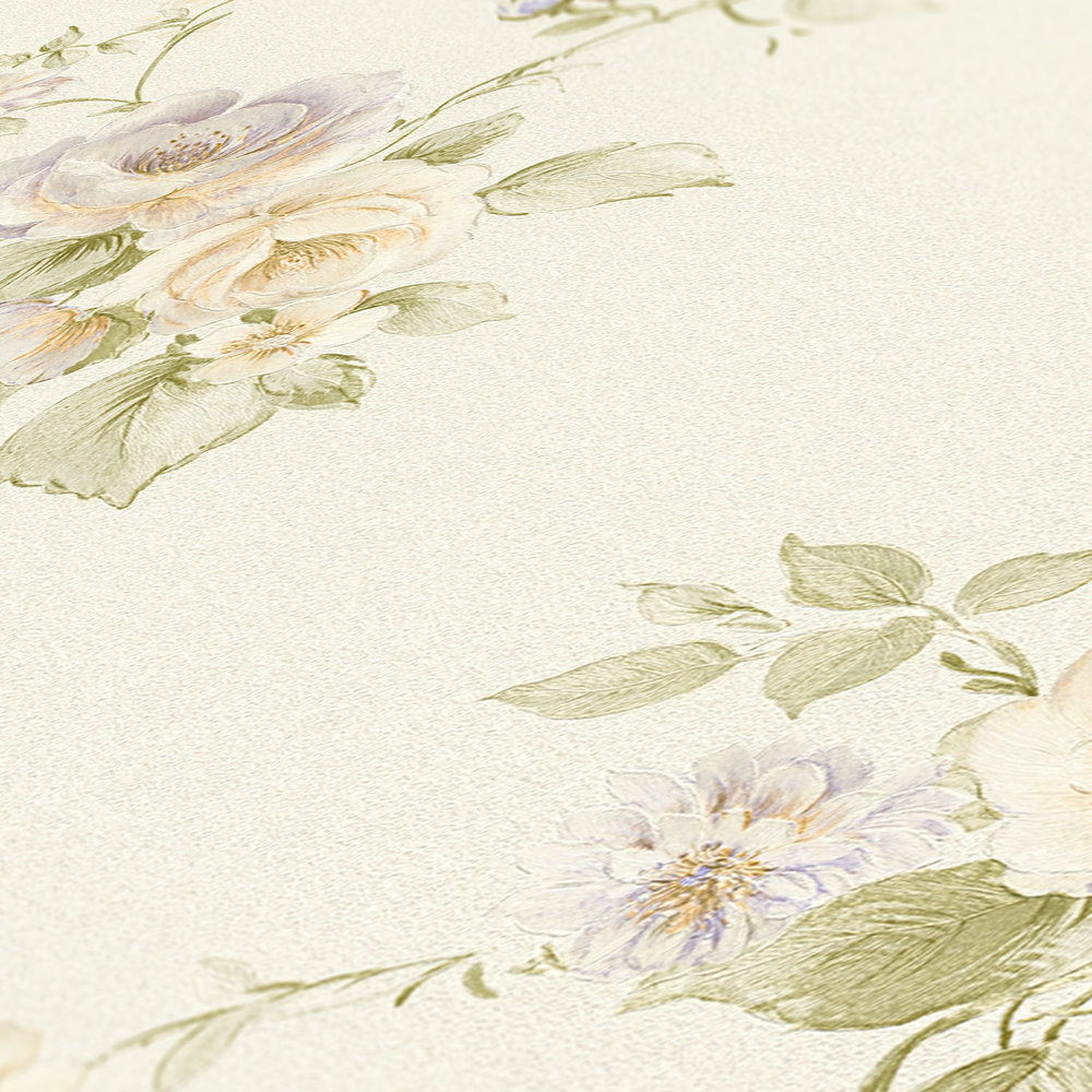             Rosen Tapete mit Blütenornamenten – Creme, Grün, Orange
        