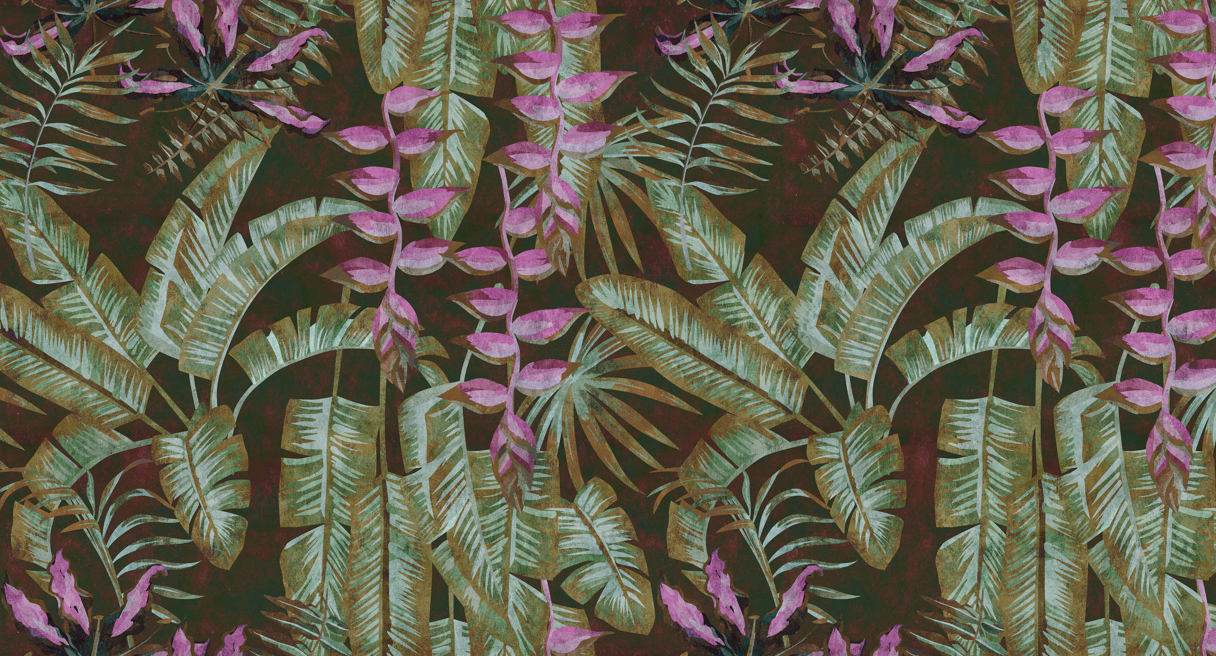             Tropicana 1 - Dschungel Fototapete mit Bananenblättern & Farnen-Löschpapier Struktur – Grün, Violett | Perlmutt Glattvlies
        