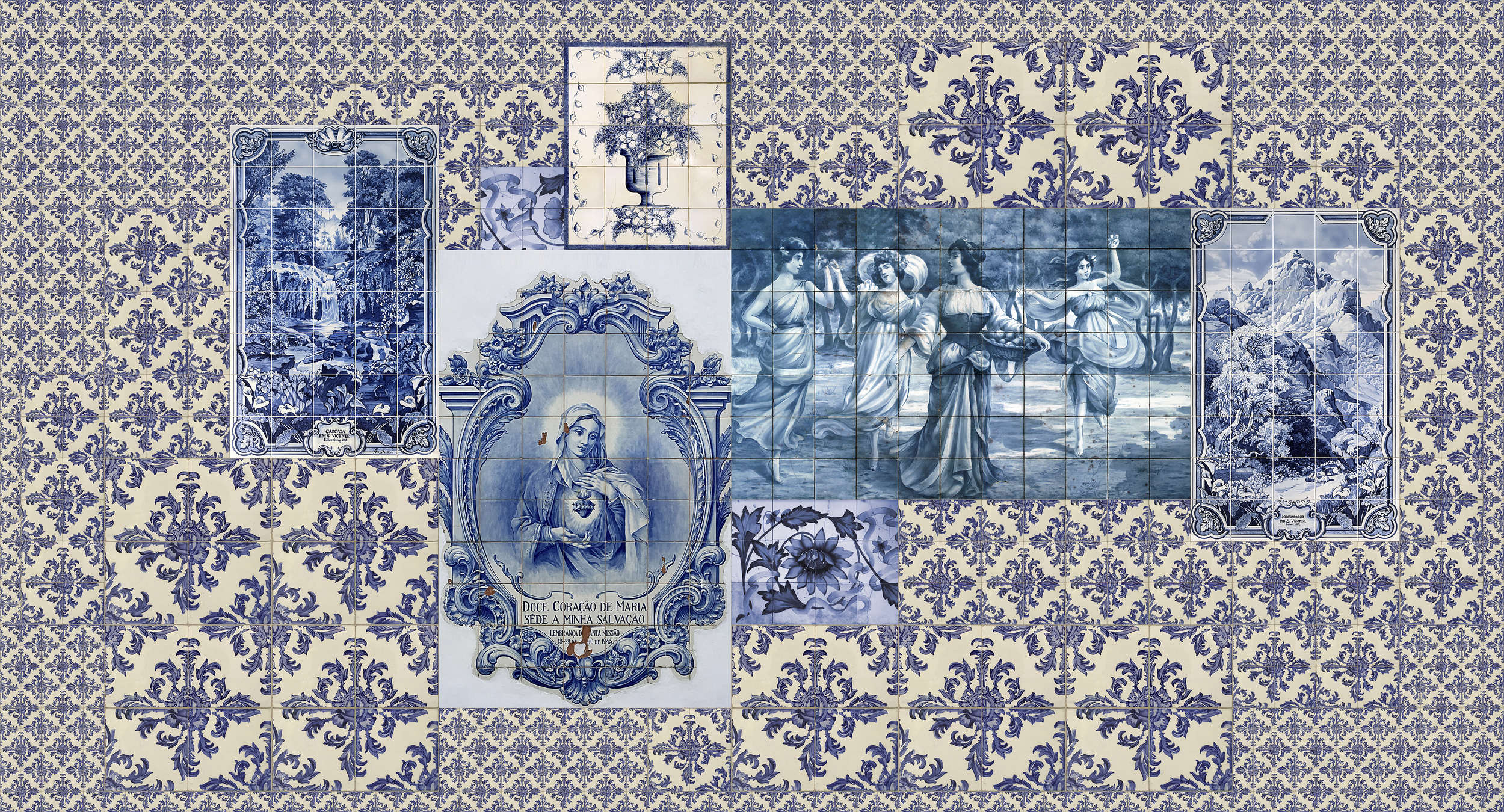             Azulejos 1 - Fototapete Fliesen Collage Retro Stil – Beige, Blau | Mattes Glattvlies
        