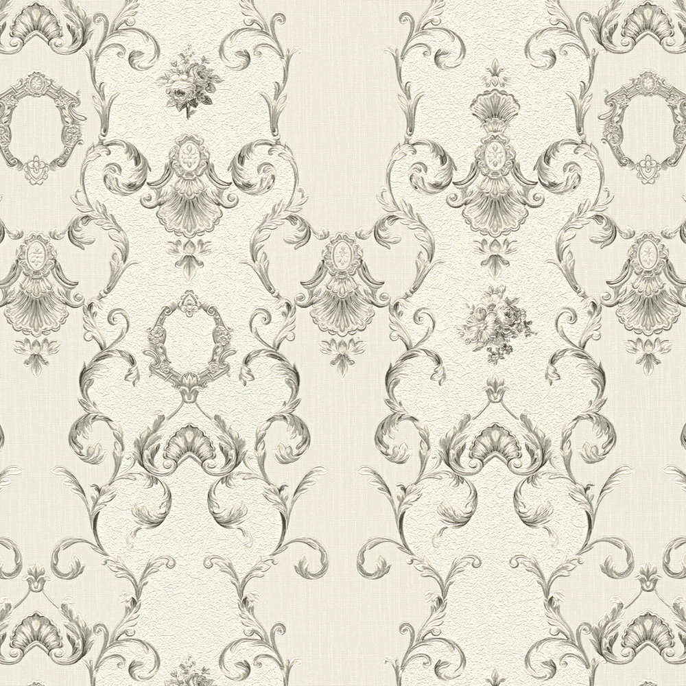             Ornamenttapete Klassizismus Stil mit Metallic-Design – Grau, Weiß
        