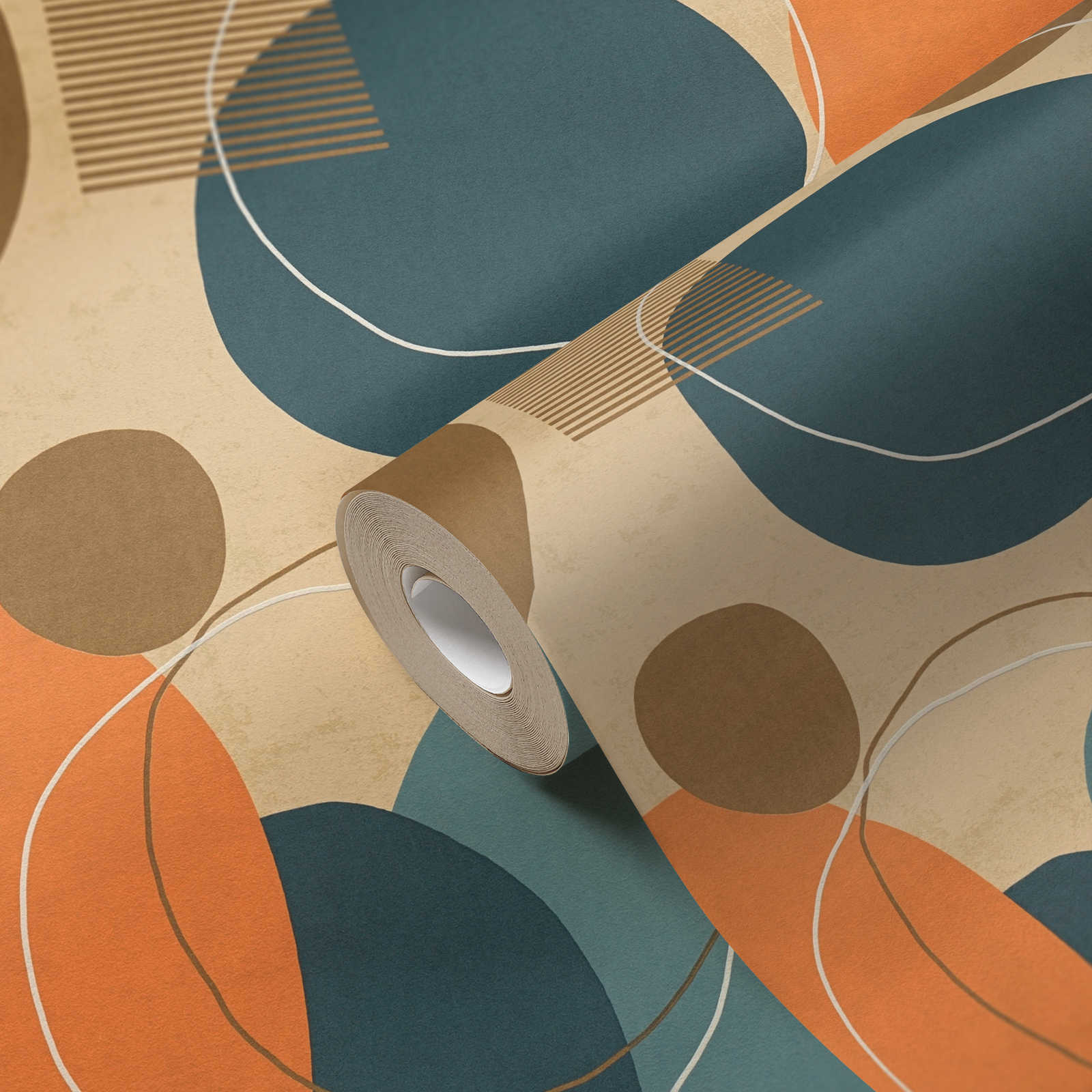             Retro Tapete Mid Century Modern Muster – Orange, Braun, Blau
        