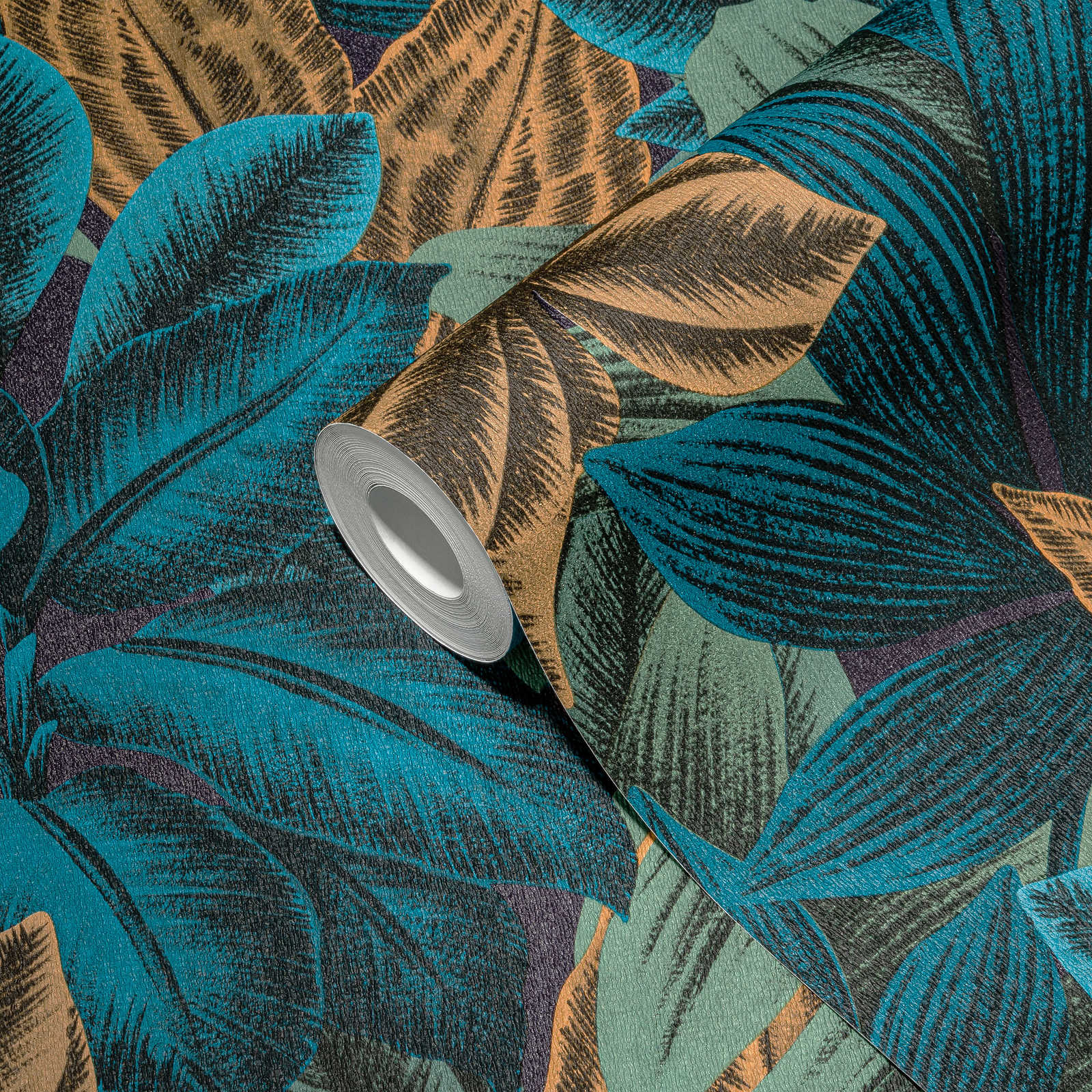             Florale Vliestapete mit Dschungelblattmotiv – Blau, Orange, Lila
        