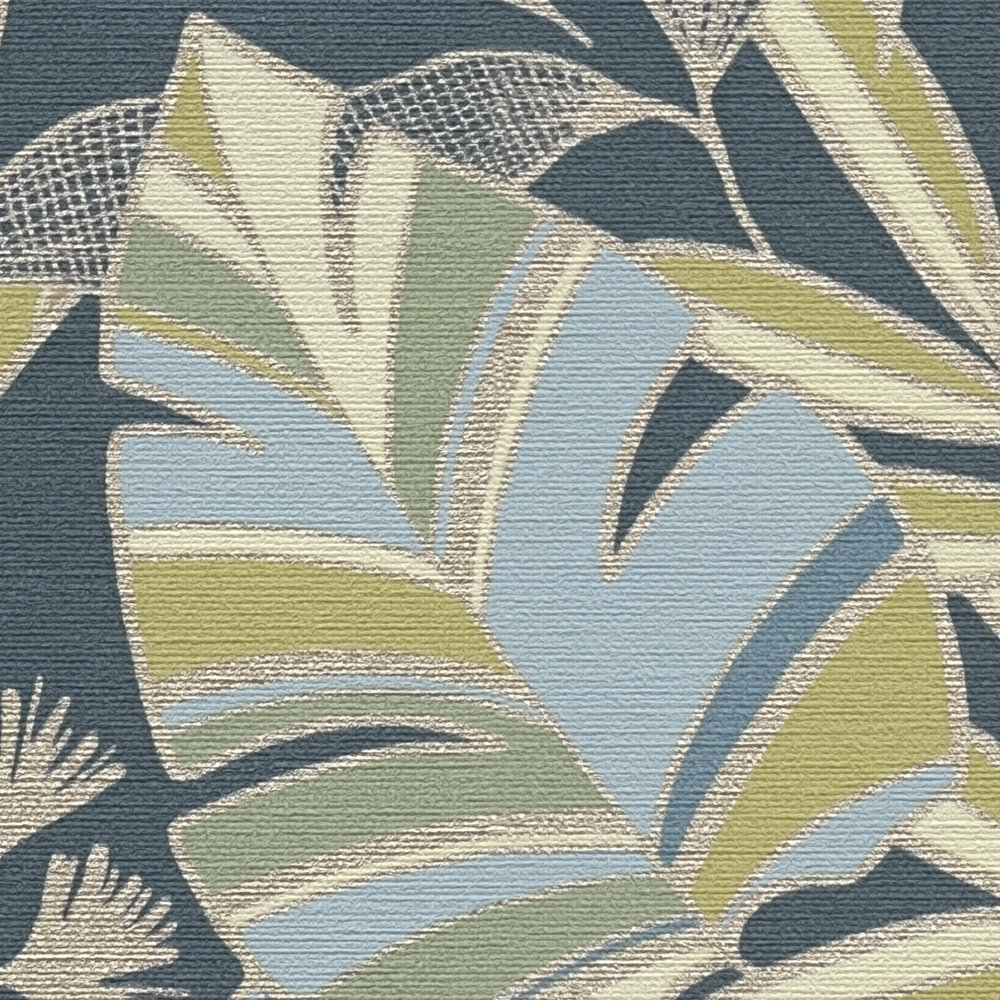             Vliestapete im Dschungelstil mit Glanzeffekt – Blau, Gold, Grün
        