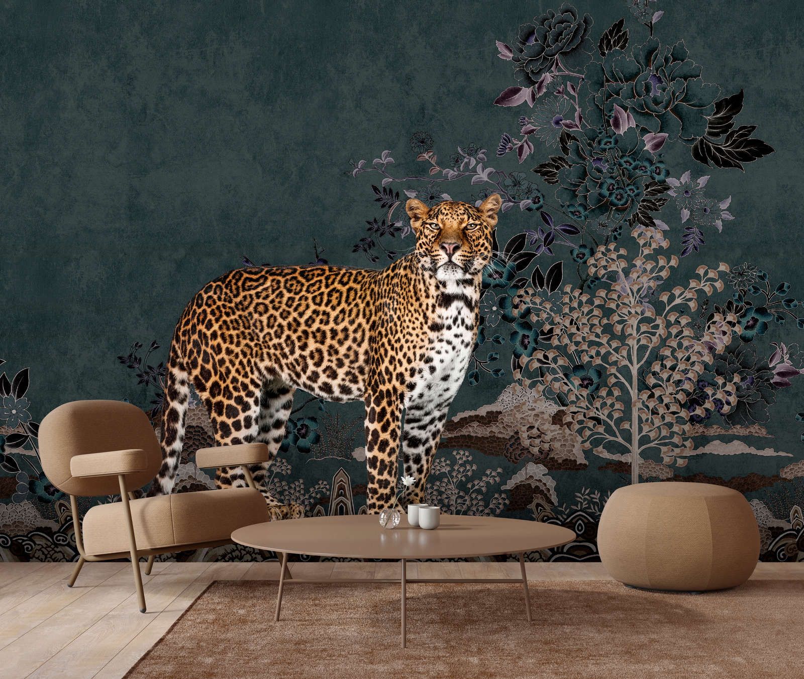             Fototapete »rani« - Abstraktes Jungle-Motiv mit Leopard – Glattes, leicht perlmutt-schimmerndes Vlies
        