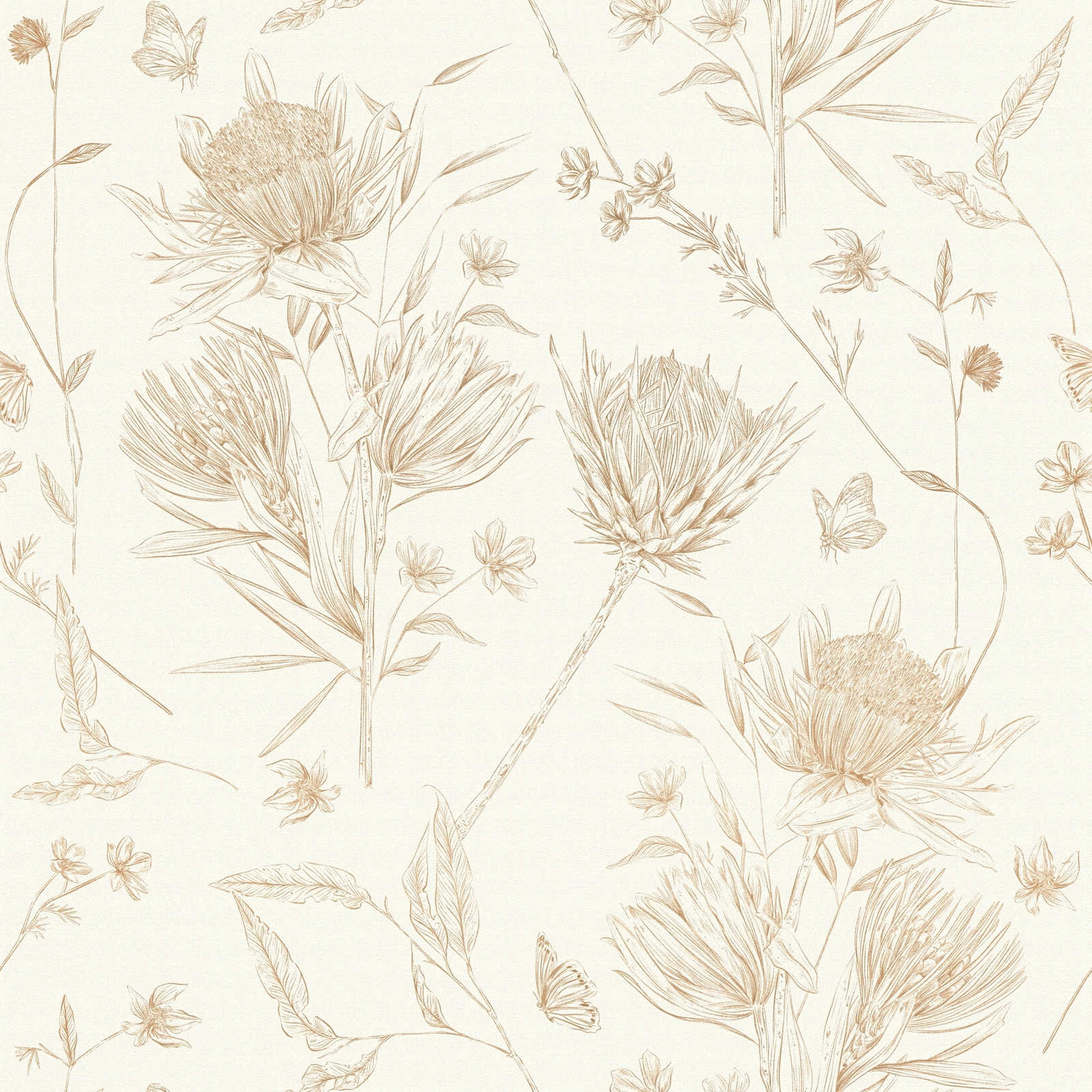             Florale Tapete mit Blumen & Schmetterlingen strukturiert matt – Weiß, Braun, Beige
        