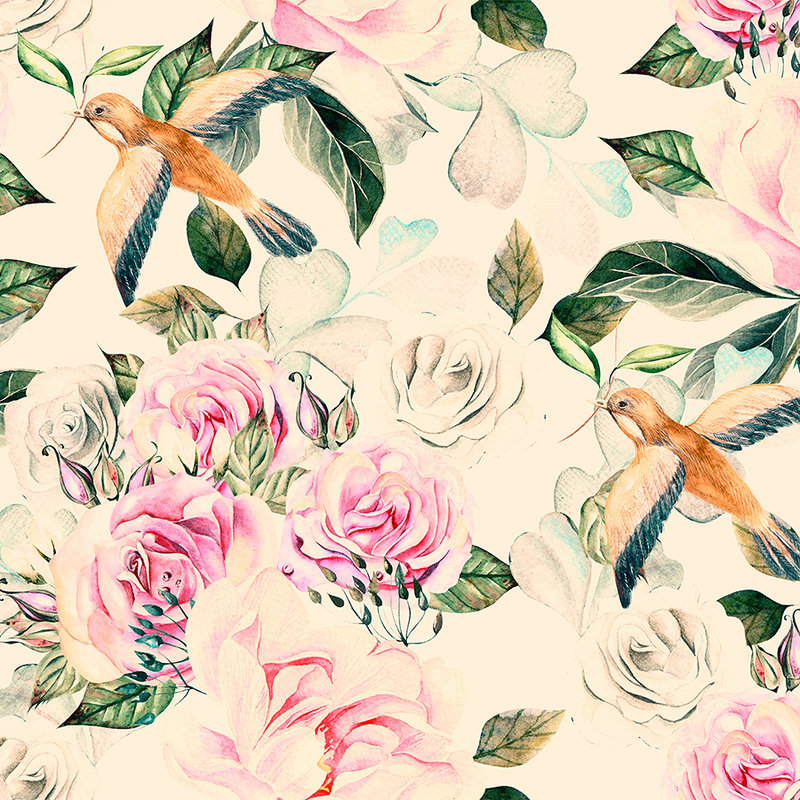 Verspielten Blumen und Vögel im Vintage-Stil – Creme, Rosa, Grün
