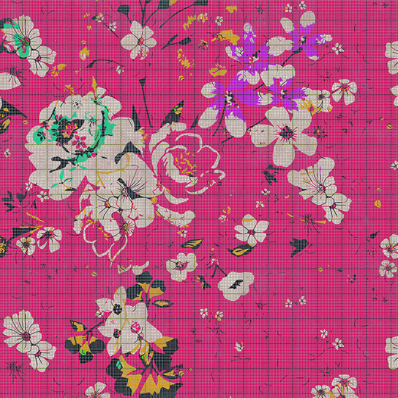 Flower plaid 2 - Fototapete in karierter Optik buntes Blumenmosaik Pink – Grün, Rosa | Perlmutt Glattvlies
