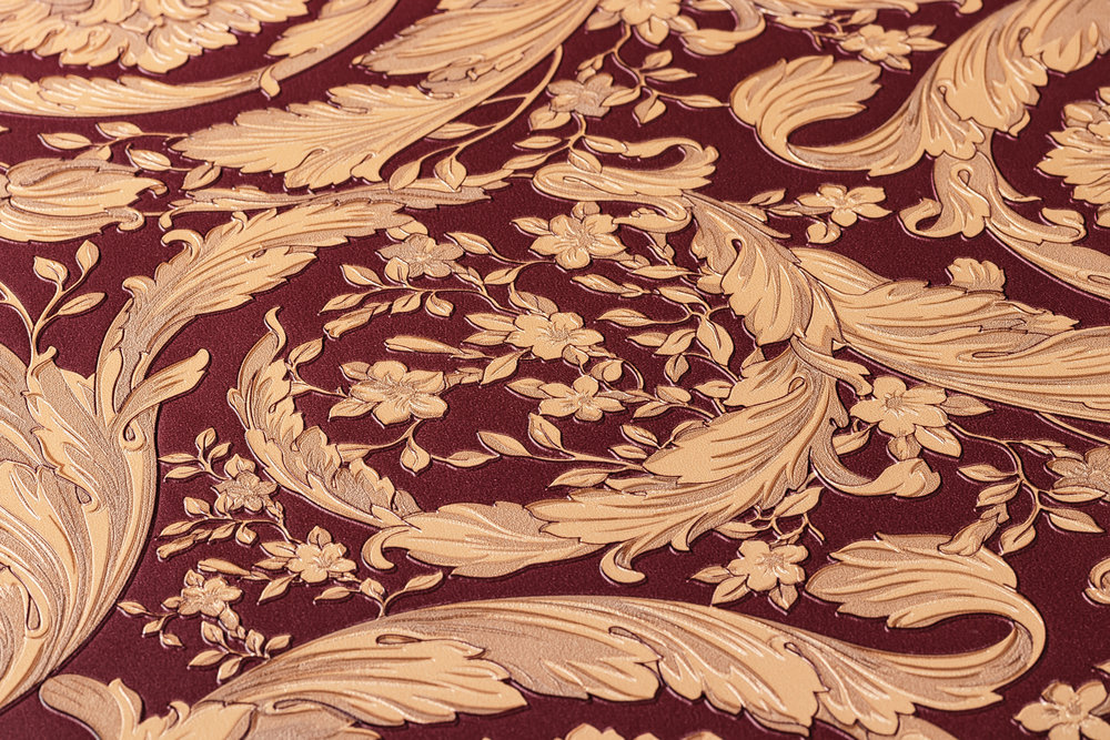             VERSACE Tapete ornamentales Blumenmuster – Rot, Gold, Braun
        