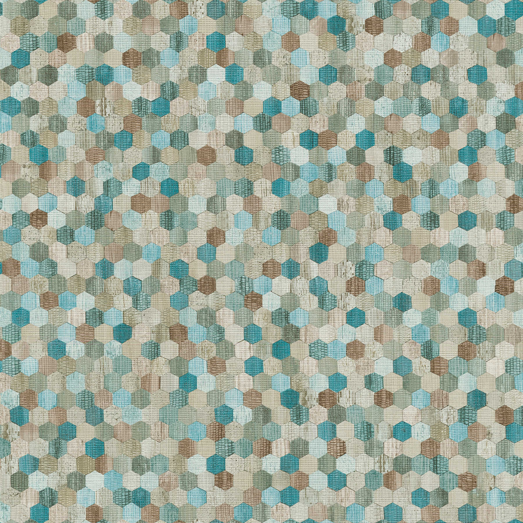         Bunte Vliestapete mit geometrischem Hexagon-Mosaik – Blau, Beige, Grün
    