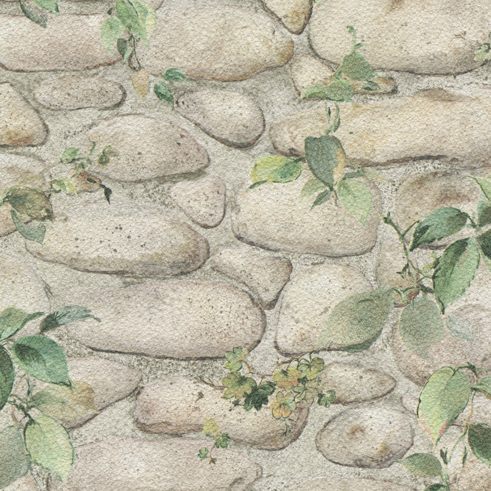             Stein Tapete Natursteinmauer & Pflanzen – Grün, Grau
        