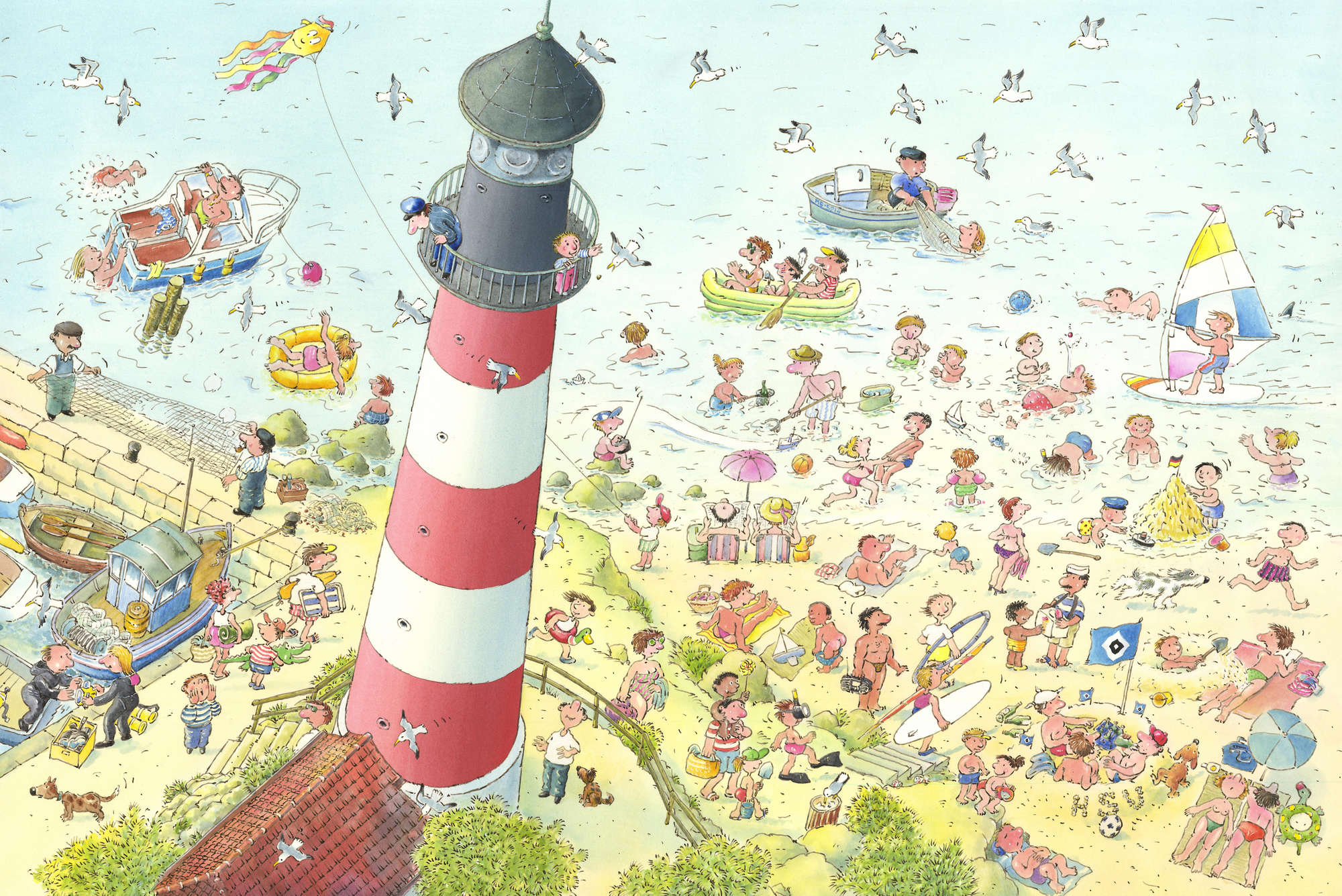             Kinder Fototapete Strand mit Badegästen und Leuchtturm auf Perlmutt Glattvlies
        