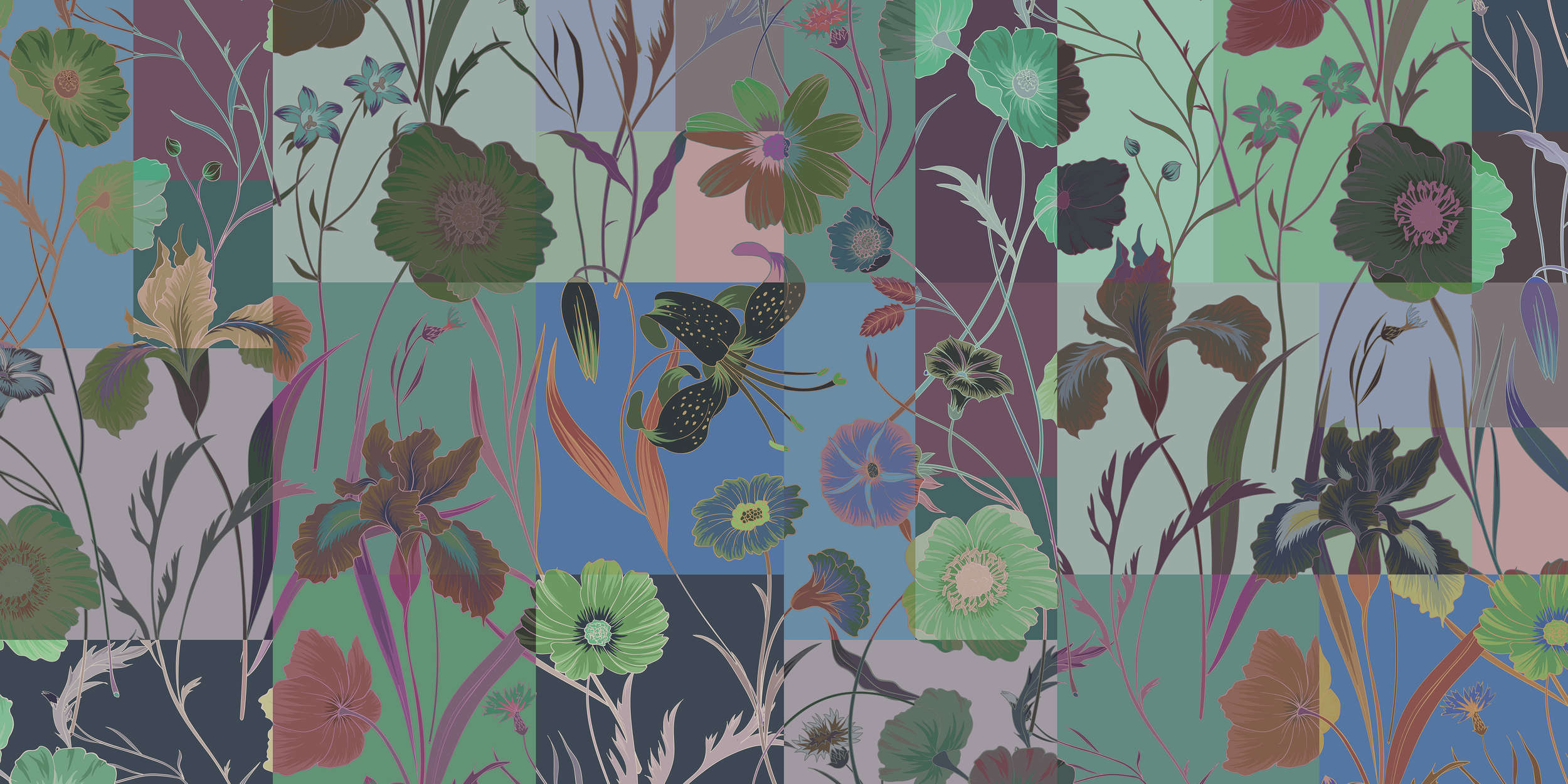             Floral patch 2 - Blumen Fototapete mit Farben Patchwork – Blau, Grün | Perlmutt Glattvlies
        